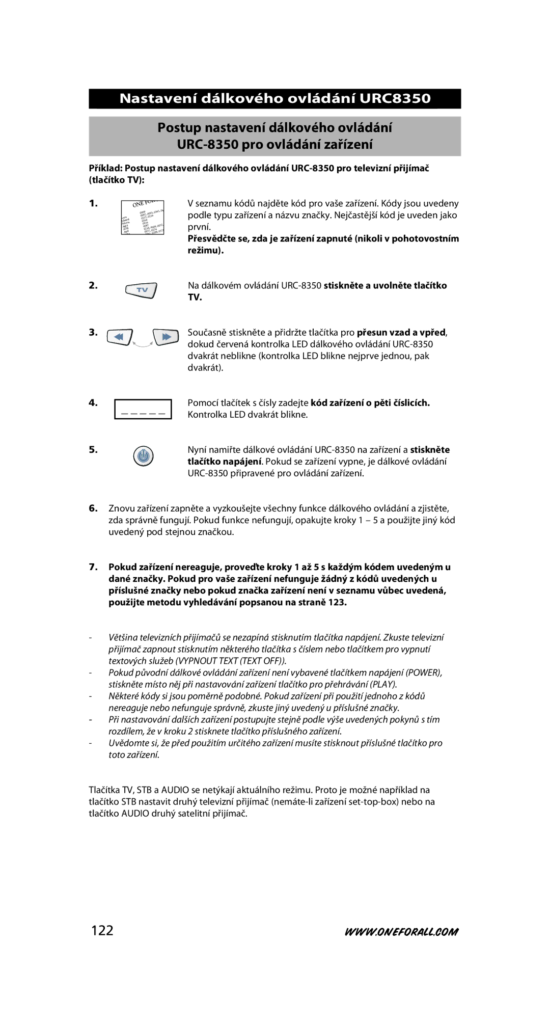 One for All URC-8350 warranty Nastavení dálkového ovládání URC8350, 122 