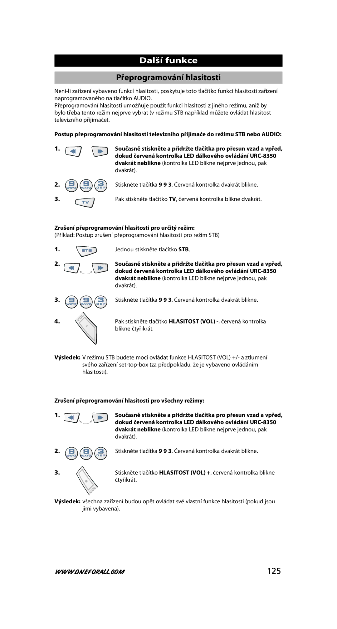 One for All URC-8350 warranty Další funkce, Přeprogramování hlasitosti, 125 