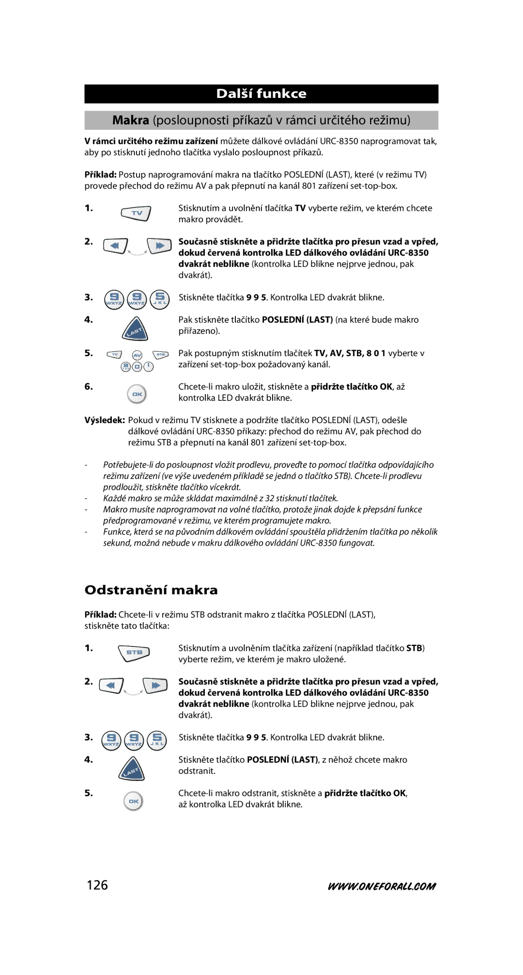 One for All URC-8350 warranty Odstranění makra, 126 