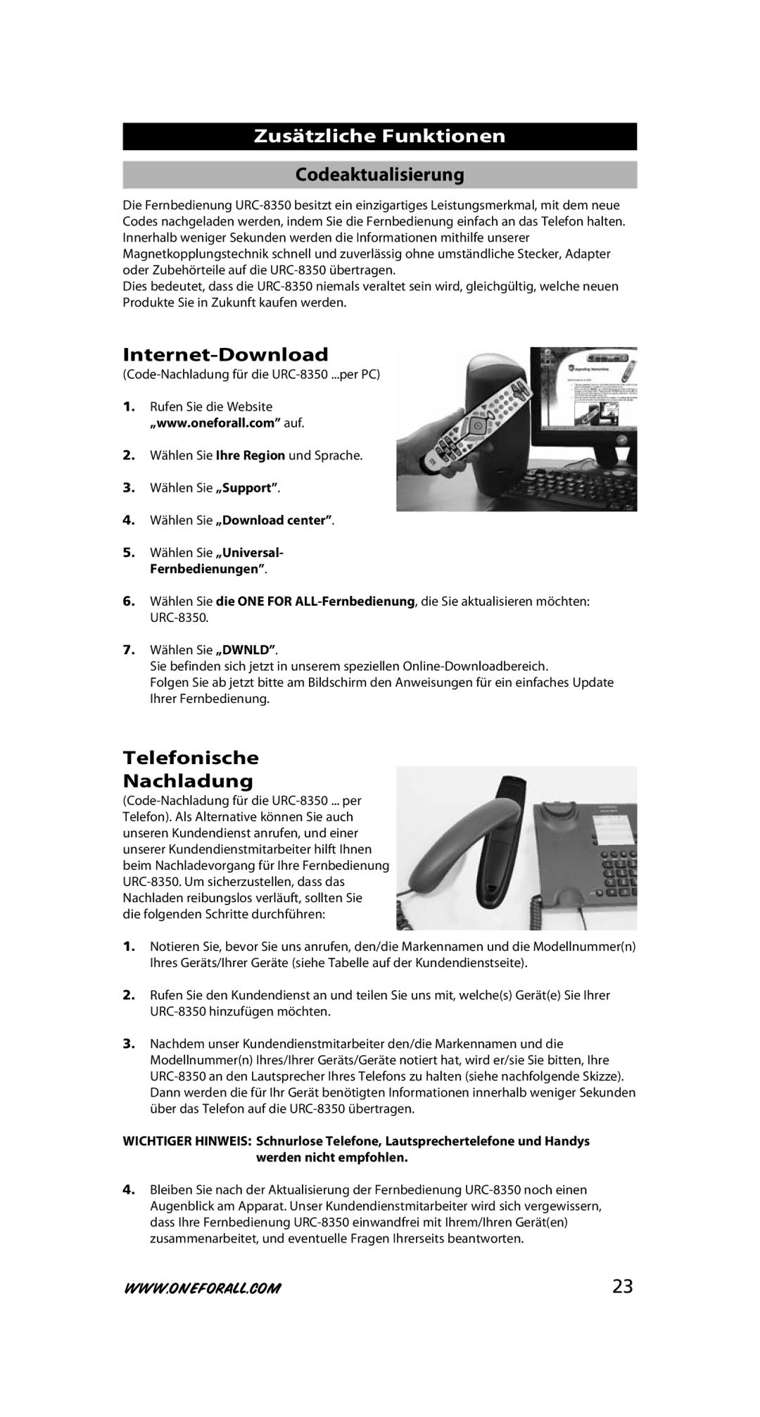 One for All URC-8350 warranty Codeaktualisierung, Internet-Download, Telefonische Nachladung, Wählen Sie „Download center 