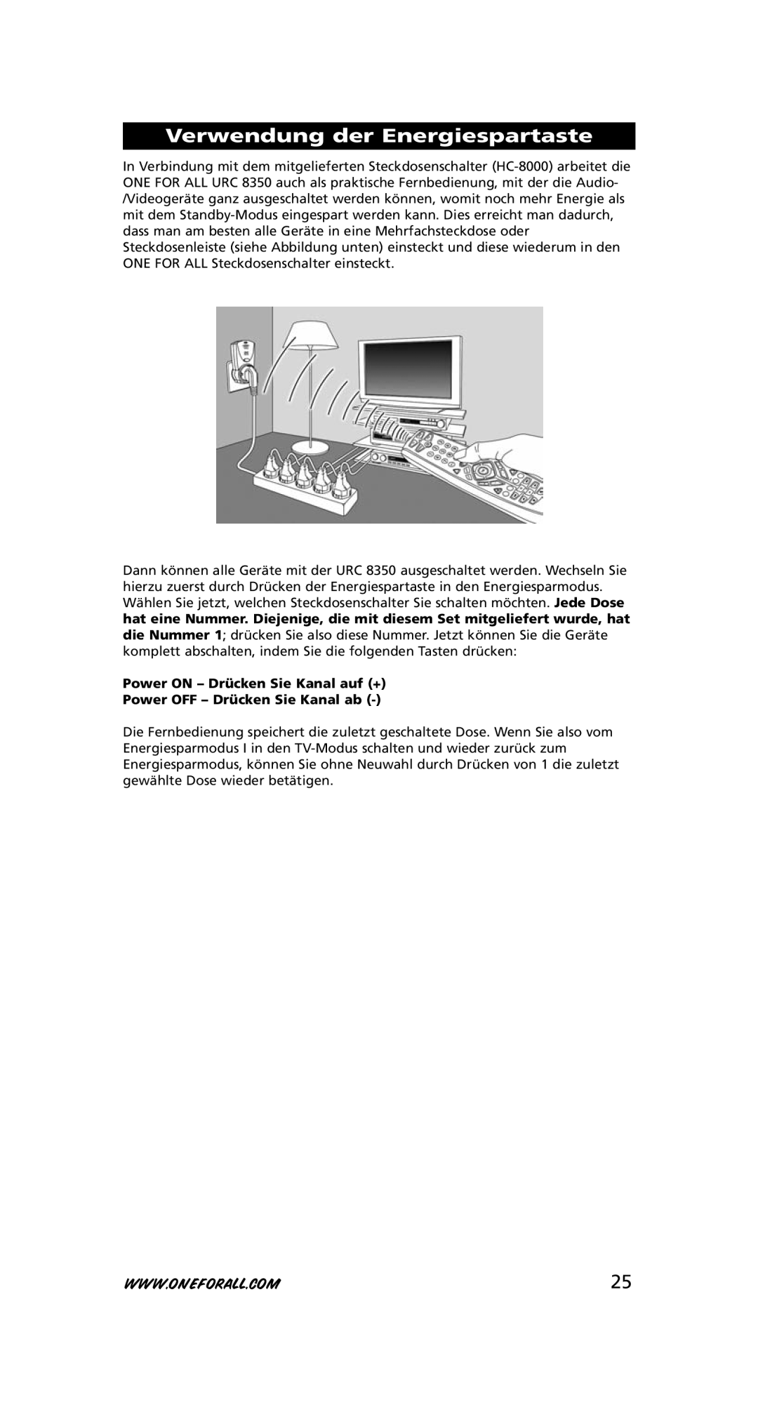 One for All URC-8350 warranty Verwendung der Energiespartaste 