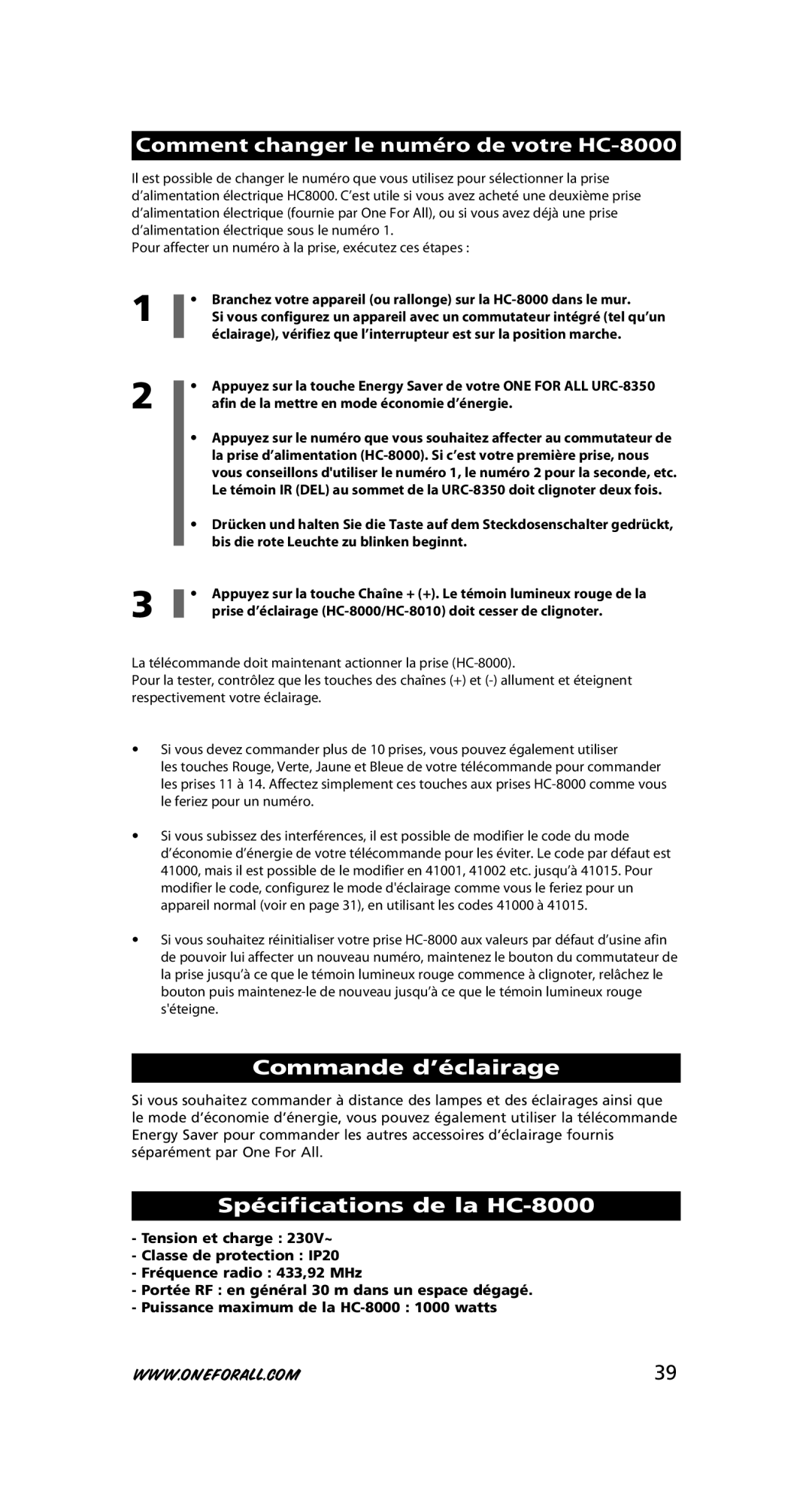 One for All URC-8350 Comment changer le numéro de votre HC-8000, Commande d’éclairage, Spécifications de la HC-8000 