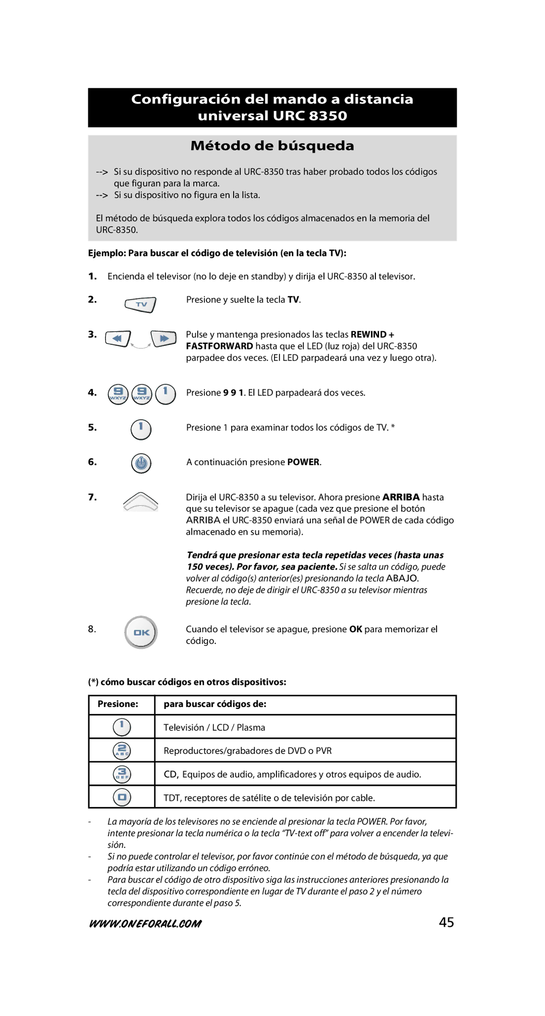 One for All URC-8350 warranty Método de búsqueda, Ejemplo Para buscar el código de televisión en la tecla TV 