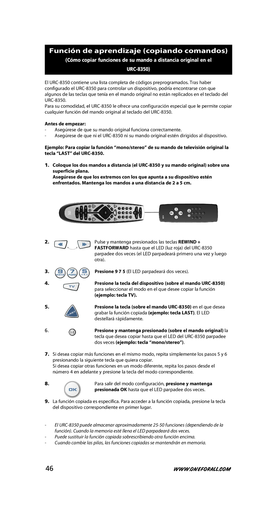 One for All URC-8350 warranty Función de aprendizaje copiando comandos 