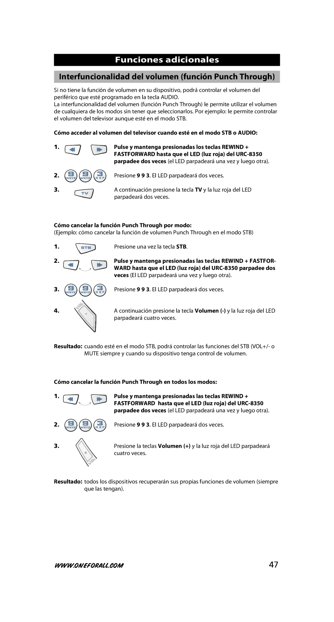 One for All URC-8350 warranty Funciones adicionales, Interfuncionalidad del volumen función Punch Through 