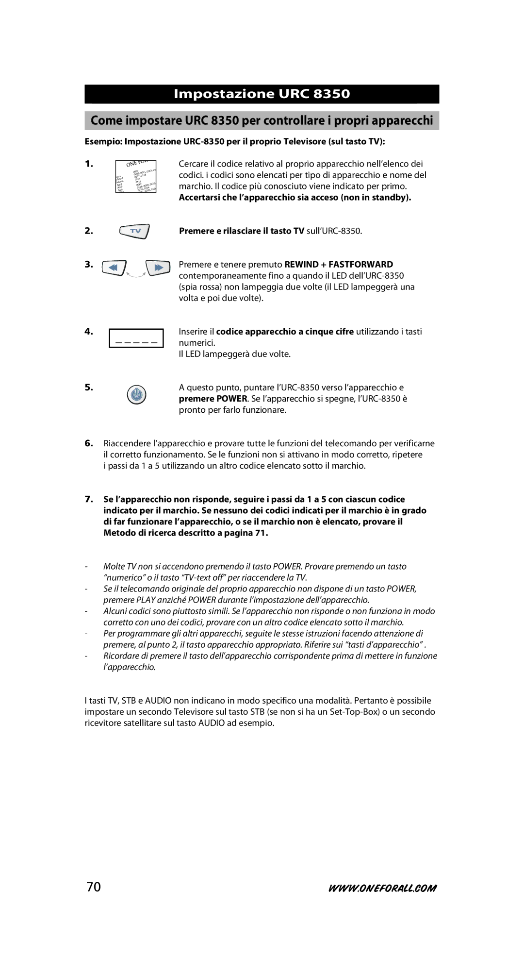 One for All URC-8350 warranty Impostazione URC, Come impostare URC 8350 per controllare i propri apparecchi 