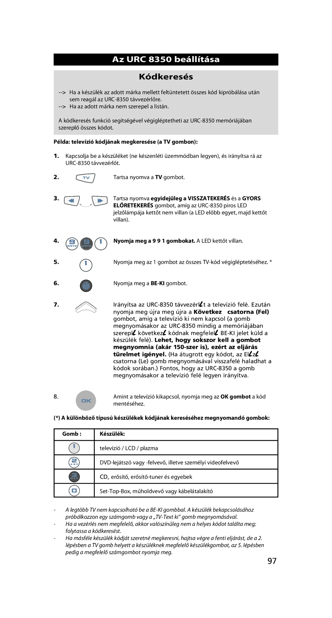 One for All URC-8350 warranty Kódkeresés 