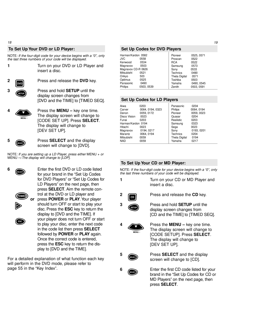 One for All URC 8800 manual Set Up Codes for LD Players, To Set Up Your CD or MD Player 