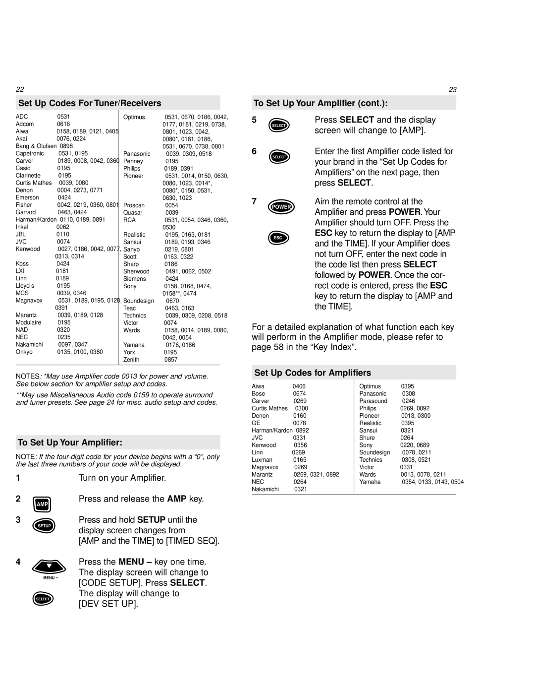 One for All URC 8800 manual Set Up Codes For Tuner/Receivers, Set Up Codes for Amplifiers, To Set Up Your Amplifier 