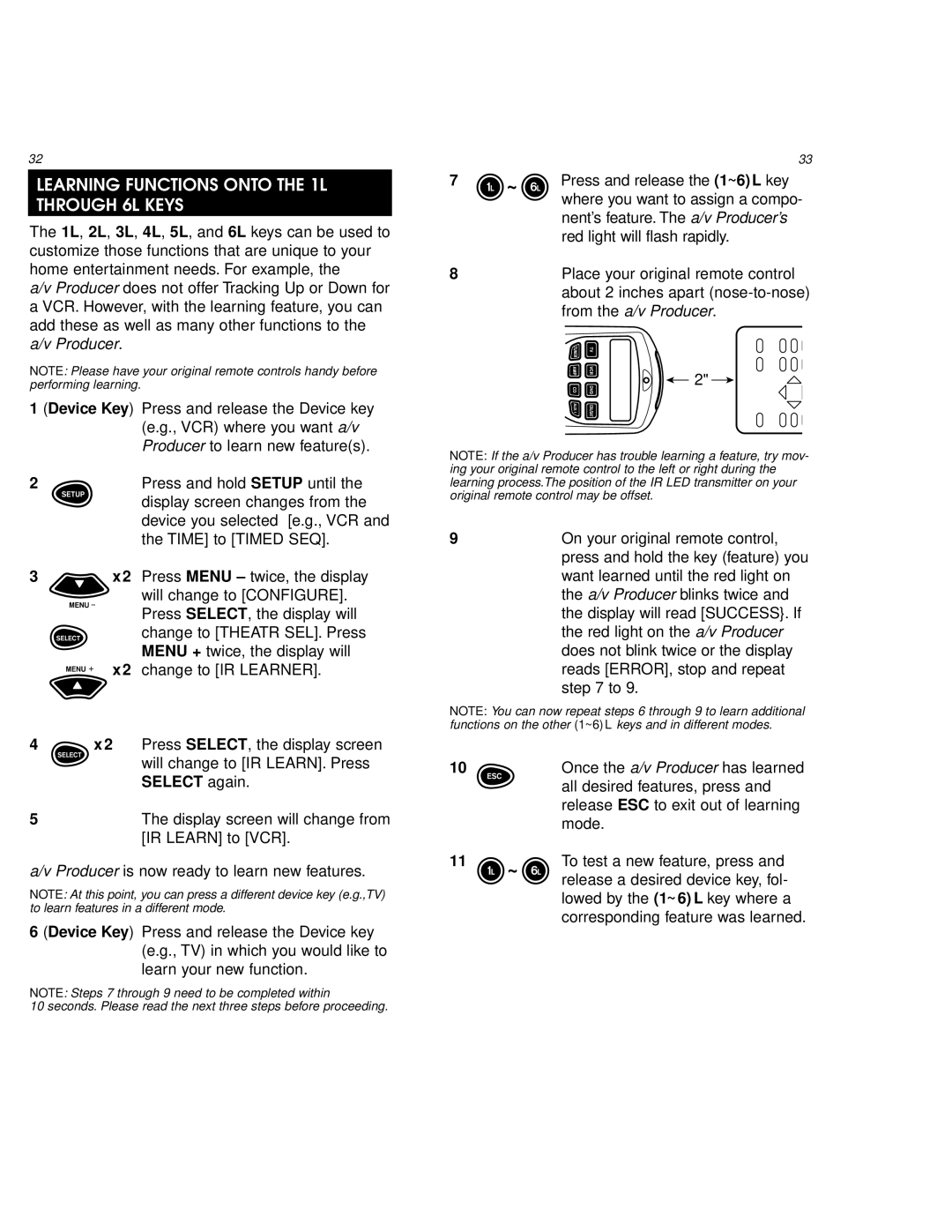 One for All URC 8800 manual Learning Functions Onto the 1L Through 6L Keys 