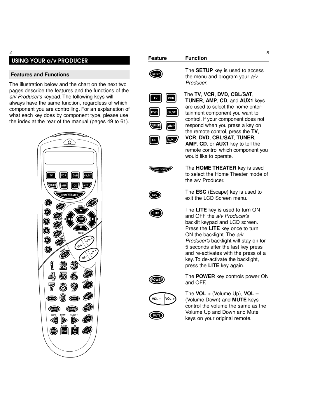 One for All URC 8800 manual Features and Functions, Feature Function 