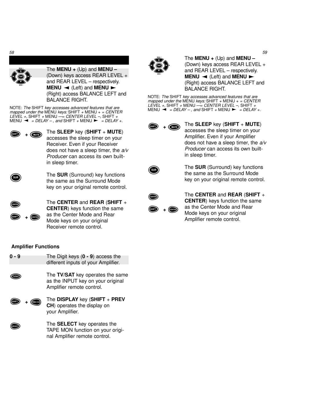 One for All URC 8800 manual Menu Left and Menu Right access Balance Left, Balance Right, Amplifier Functions 