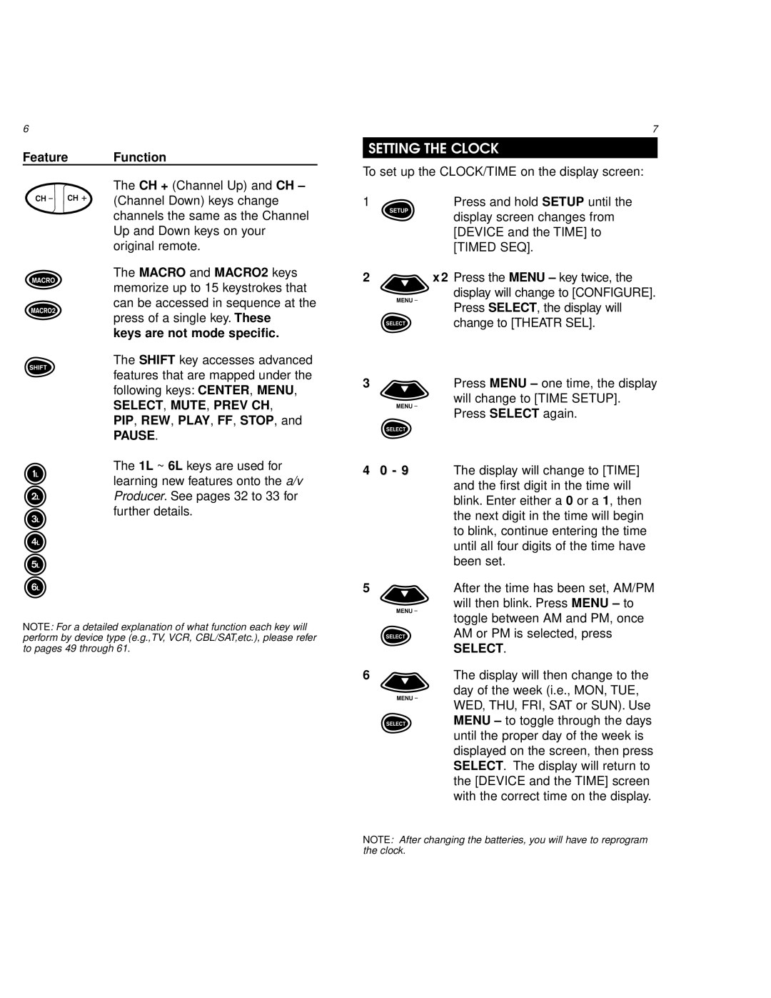 One for All URC 8800 manual Setting the Clock, Keys are not mode specific, Pip, Rew, Play, Ff, Stop, Timed SEQ 