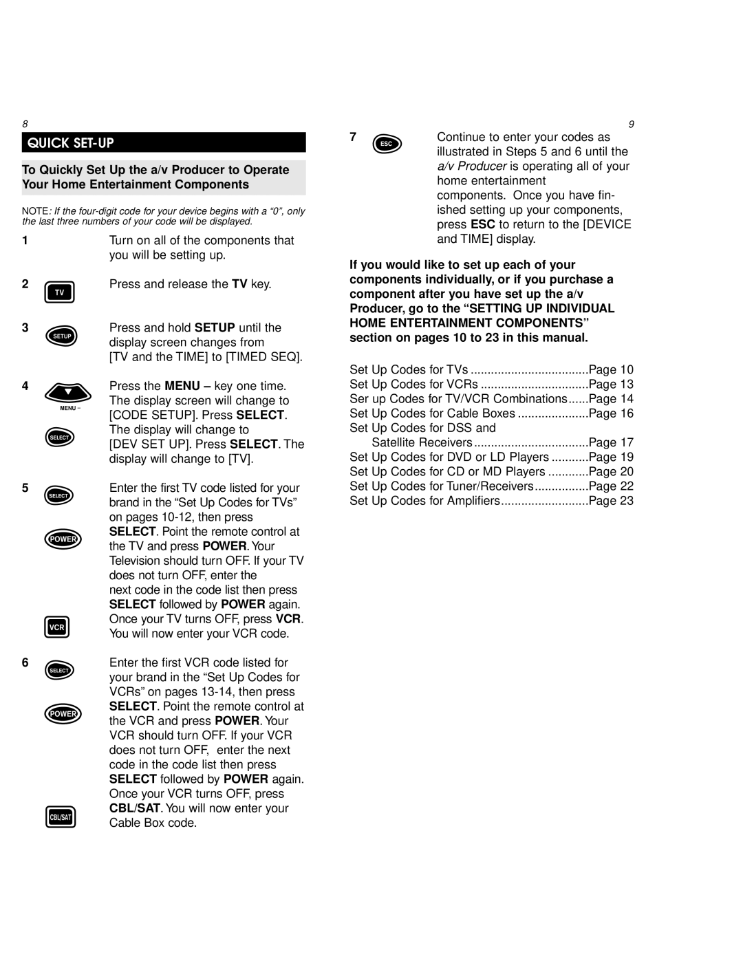 One for All URC 8800 manual Quick SET-UP 