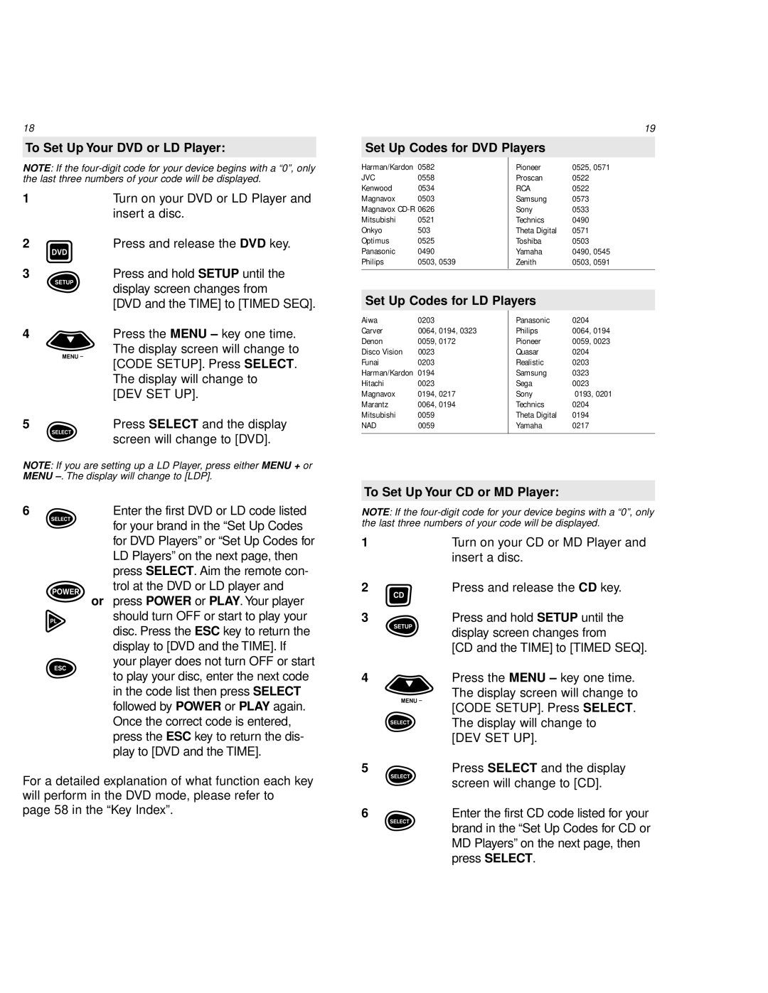 One for All URC 9800 manual Set Up Codes for LD Players, To Set Up Your CD or MD Player 