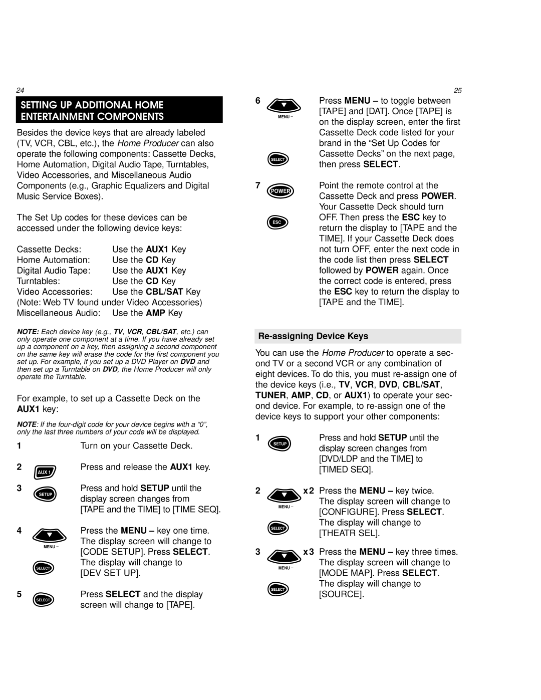 One for All URC 9800 manual Setting UP Additional Home Entertainment Components, Re-assigning Device Keys 