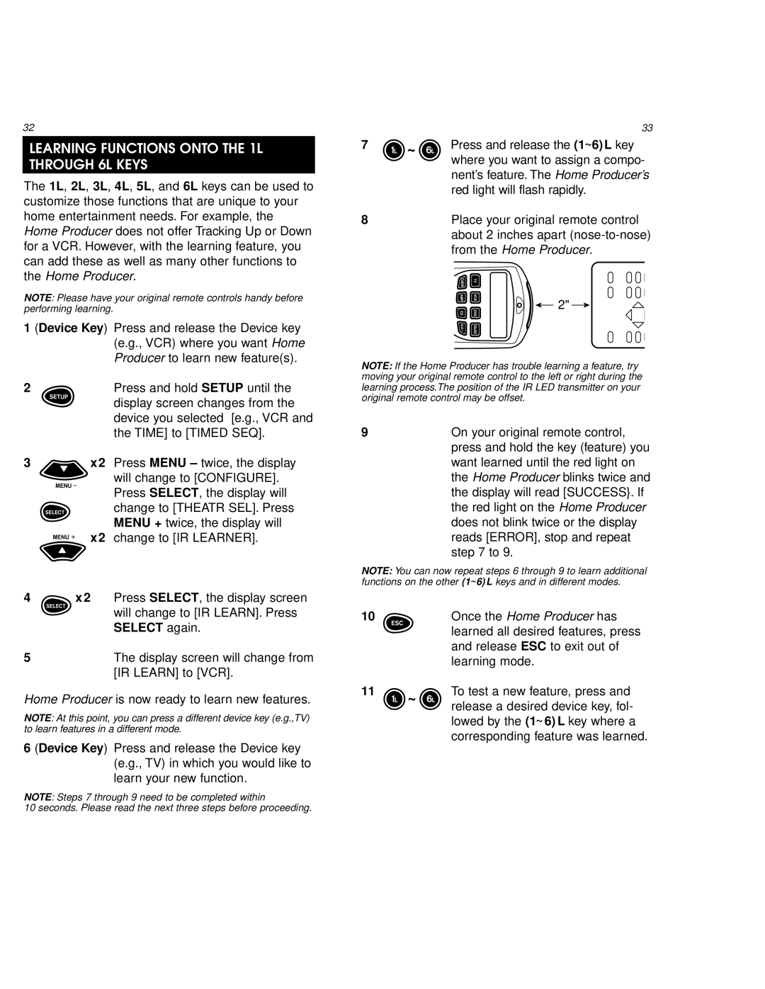 One for All URC 9800 manual Learning Functions Onto the 1L Through 6L Keys 