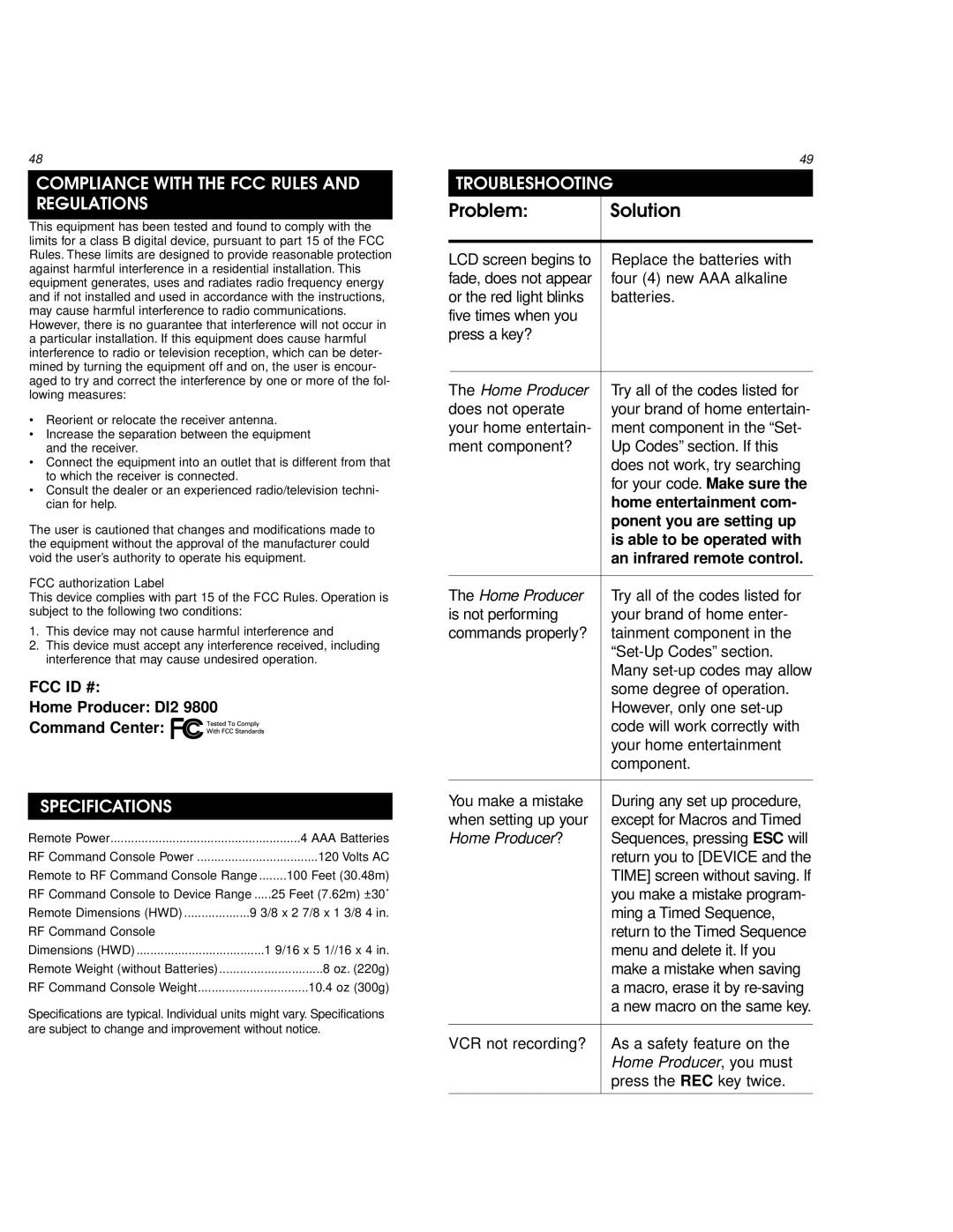 One for All URC 9800 manual Compliance with the FCC Rules and Regulations, Specifications, Troubleshooting 