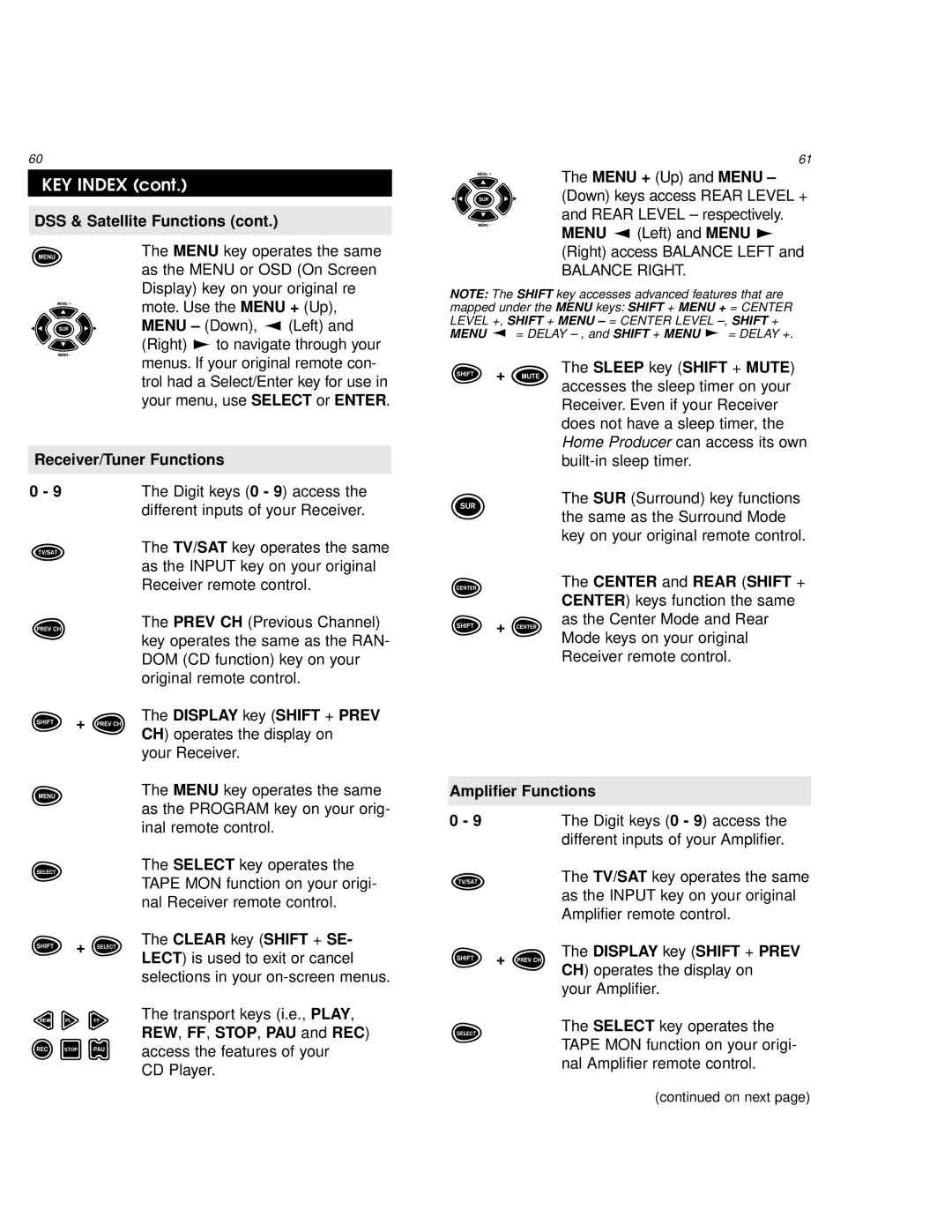 One for All URC 9800 Receiver/Tuner Functions, + The Display key Shift + Prev CH operates the display on, Balance Right 