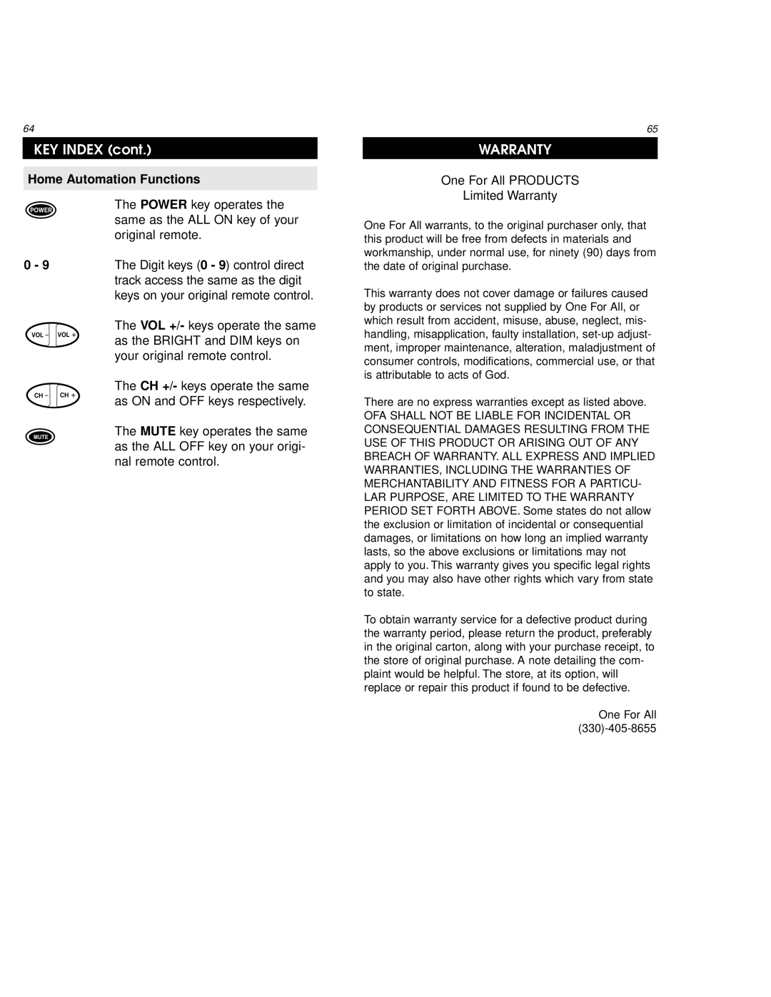 One for All URC 9800 manual Warranty, Home Automation Functions 