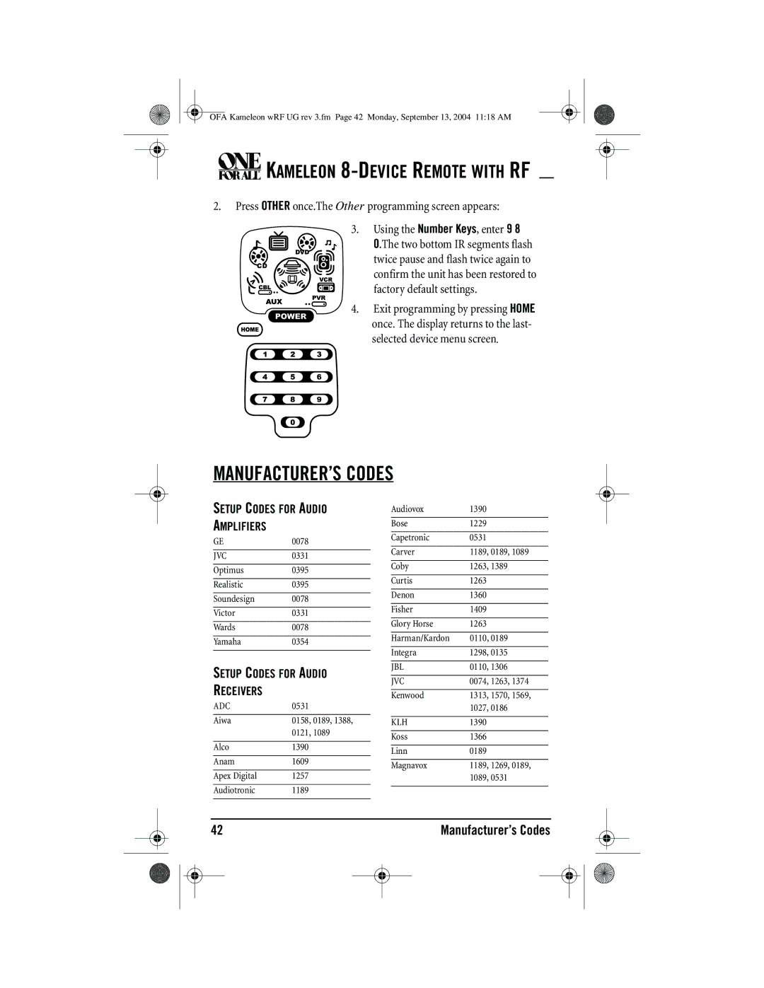 One for All URC-9964B00 manual MANUFACTURER’S Codes, Setup Codes for Audio Amplifiers, Setup Codes for Audio Receivers 