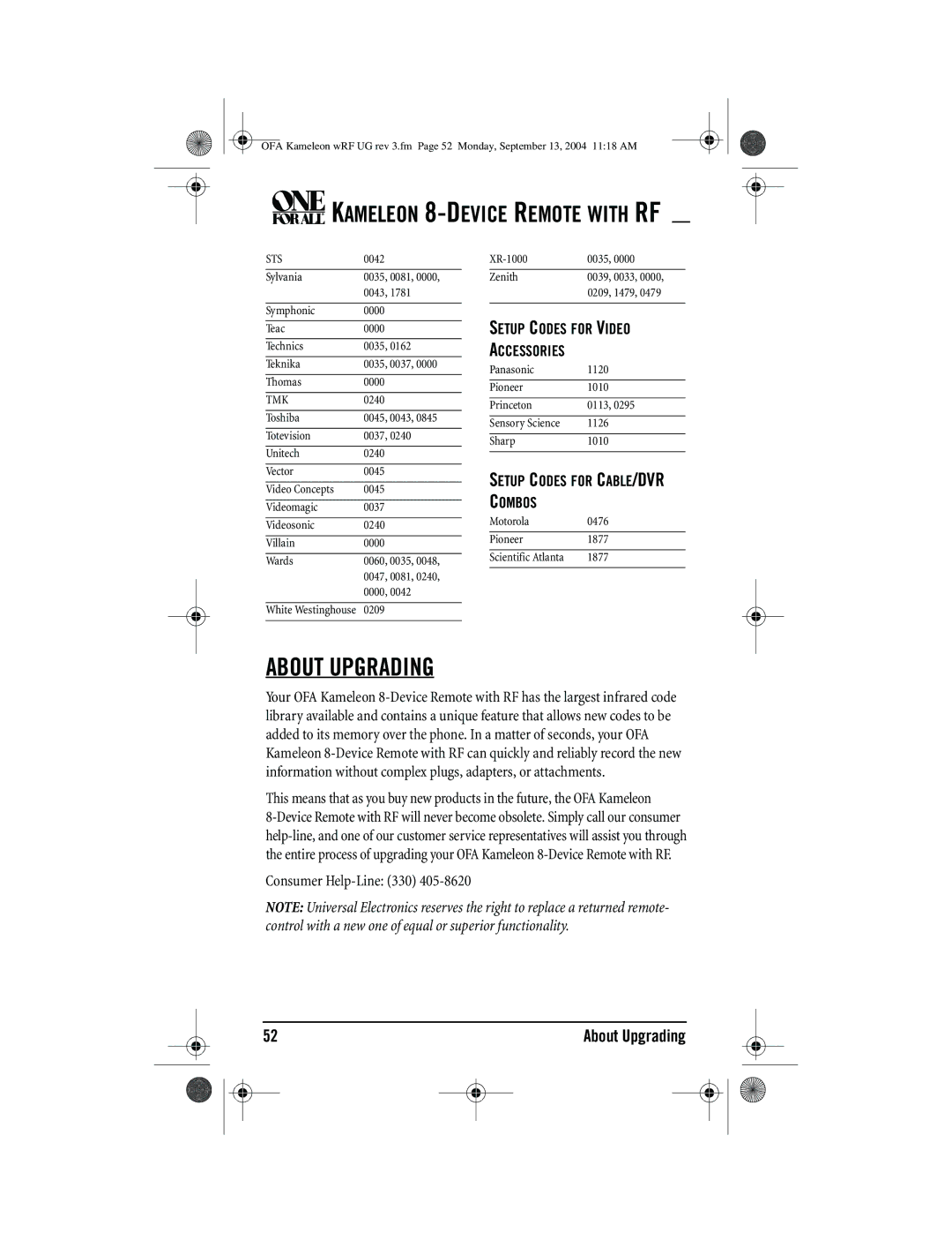 One for All URC-9964B00 manual About Upgrading, Setup Codes for Video Accessories, Setup Codes for CABLE/DVR Combos 