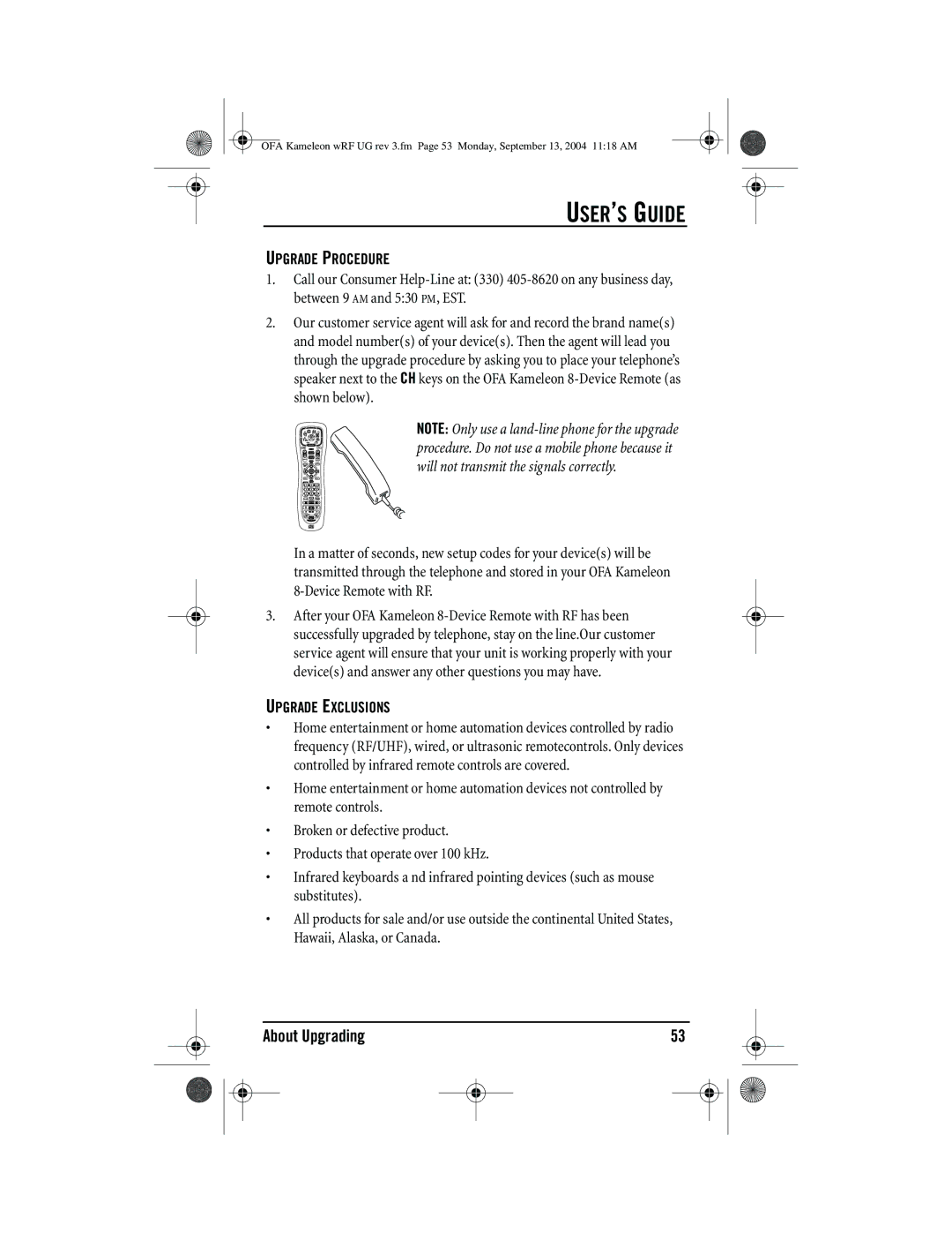 One for All URC-9964B00 manual Upgrade Procedure, Upgrade Exclusions 