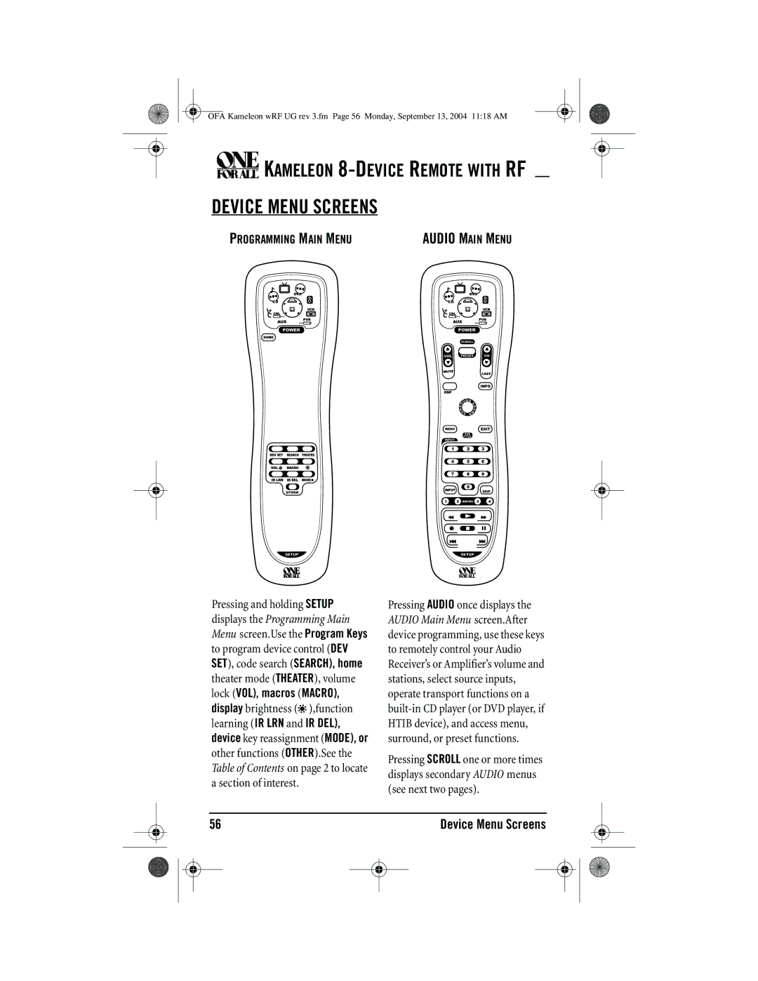 One for All URC-9964B00 manual Device Menu Screens, Programming Main Menu 