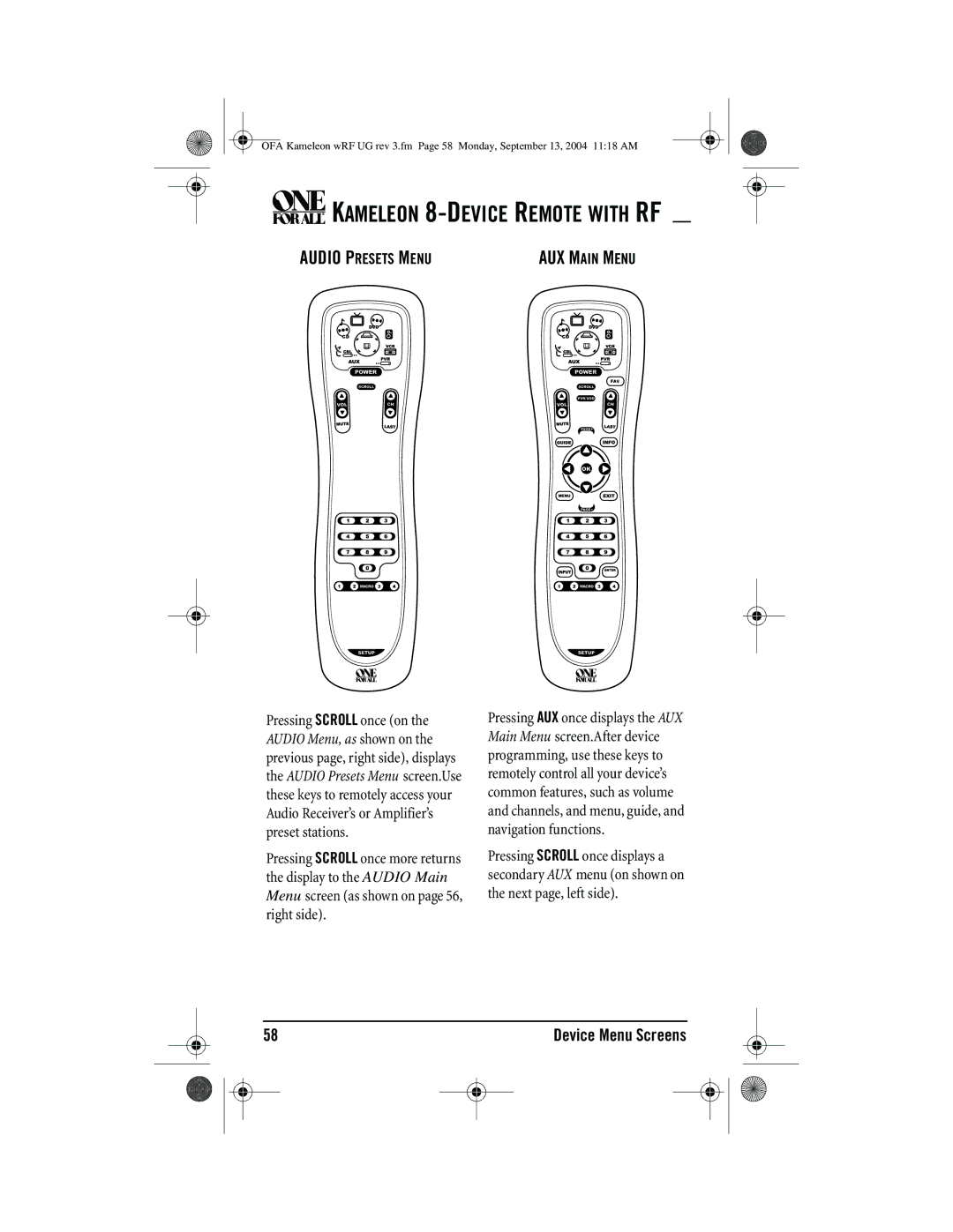 One for All URC-9964B00 manual Audio Presets Menu 