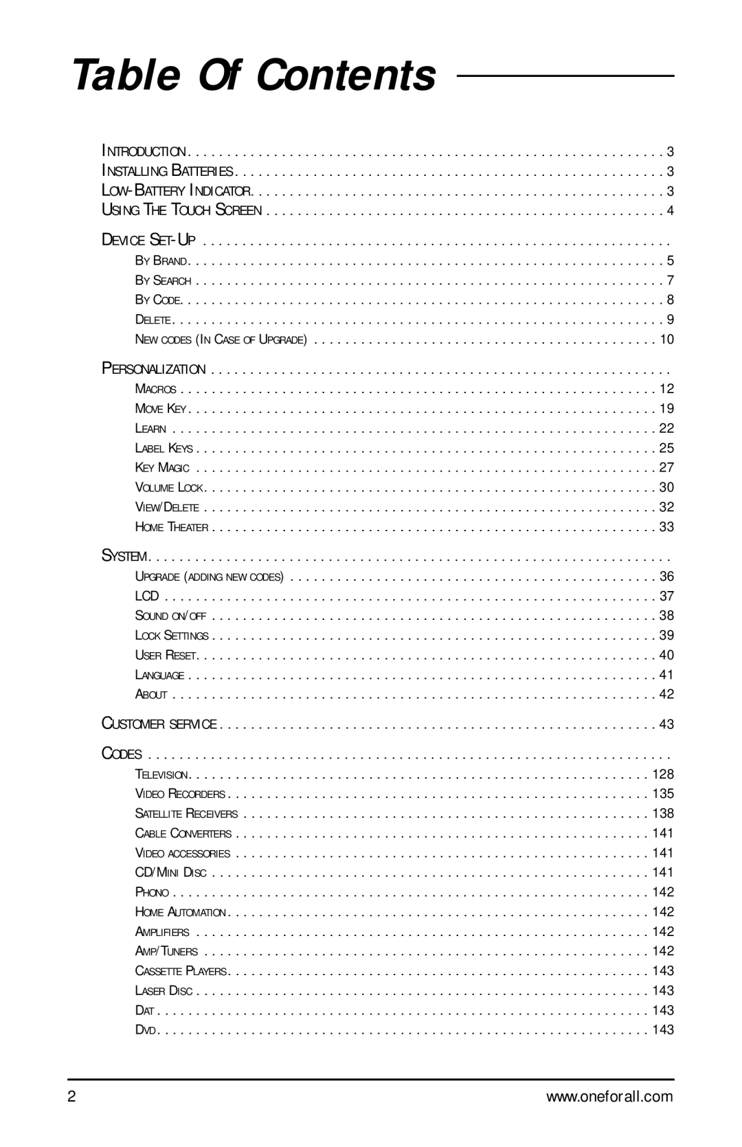 One for All URC-9990 manual Table Of Contents 