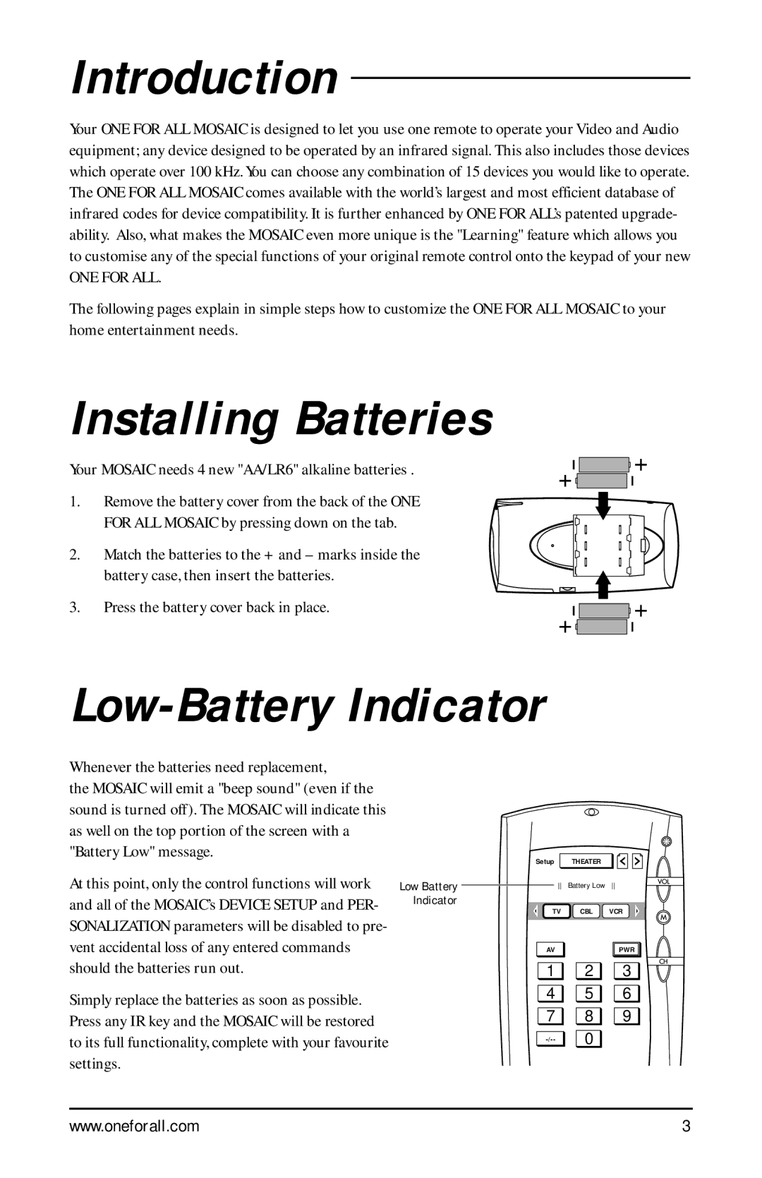 One for All URC-9990 manual Introduction, Installing Batteries, Low-Battery Indicator 