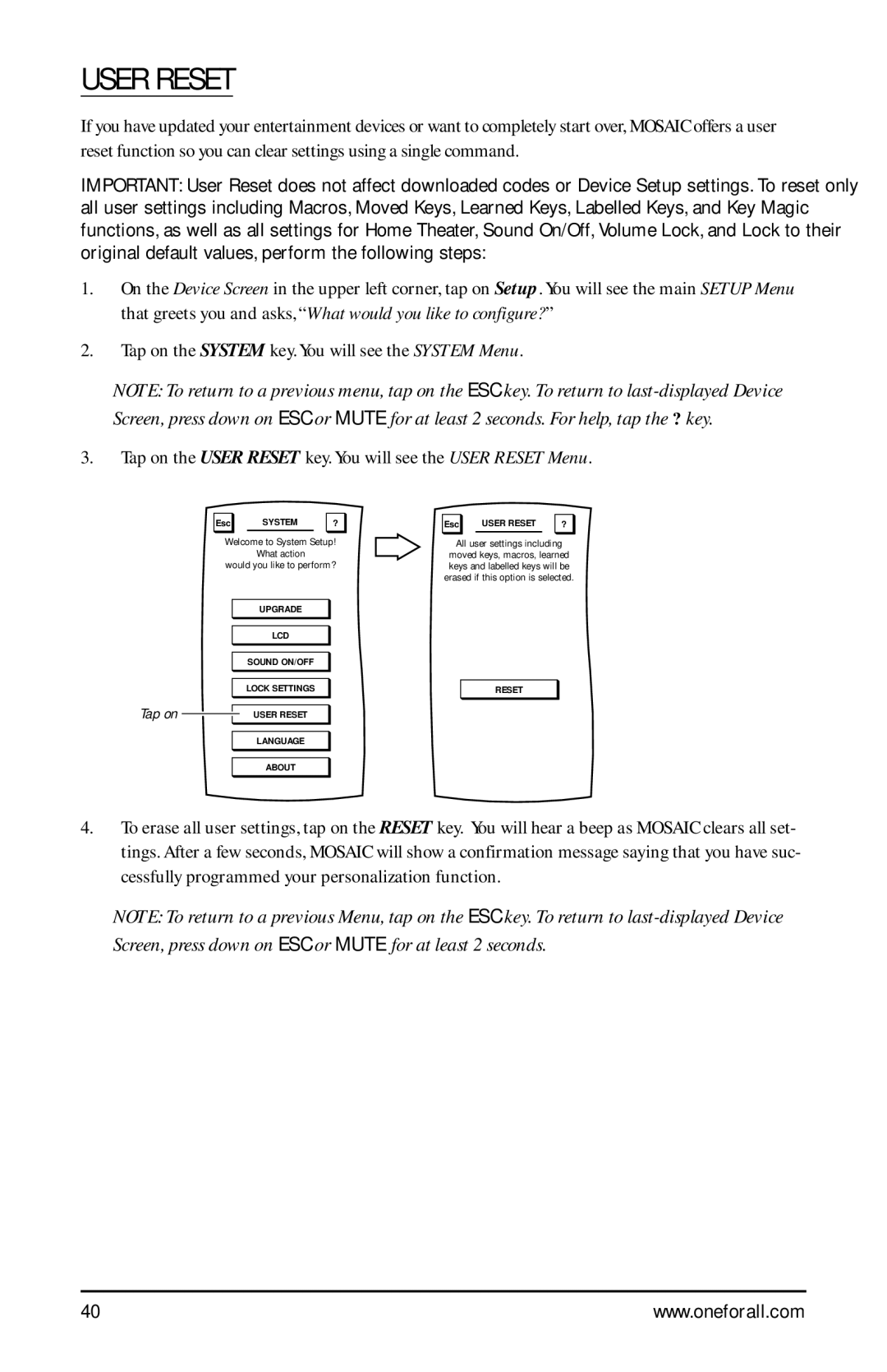 One for All URC-9990 manual User Reset, All user settings including 