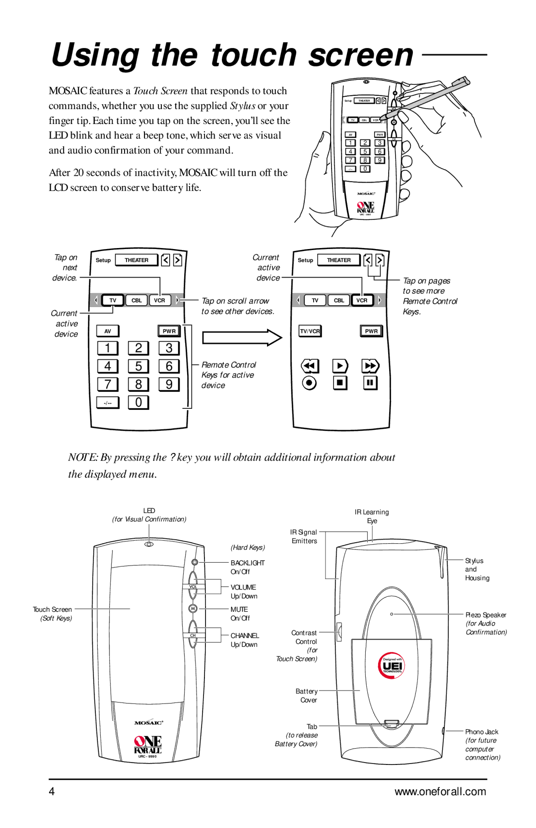 One for All URC-9990 manual Using the touch screen, Remote Control Keys for active Device 