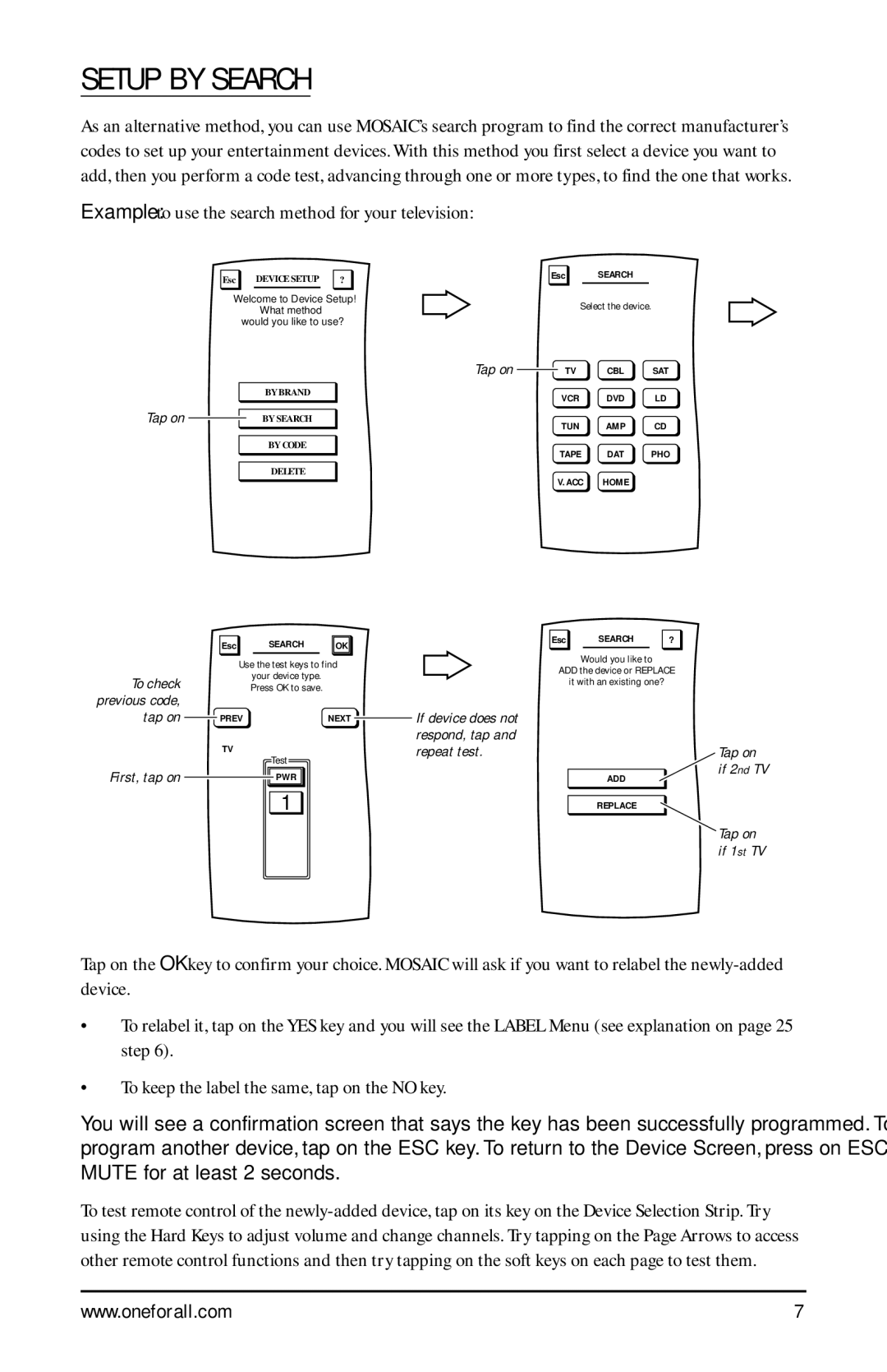 One for All URC-9990 manual Setup by Search, Example to use the search method for your television 