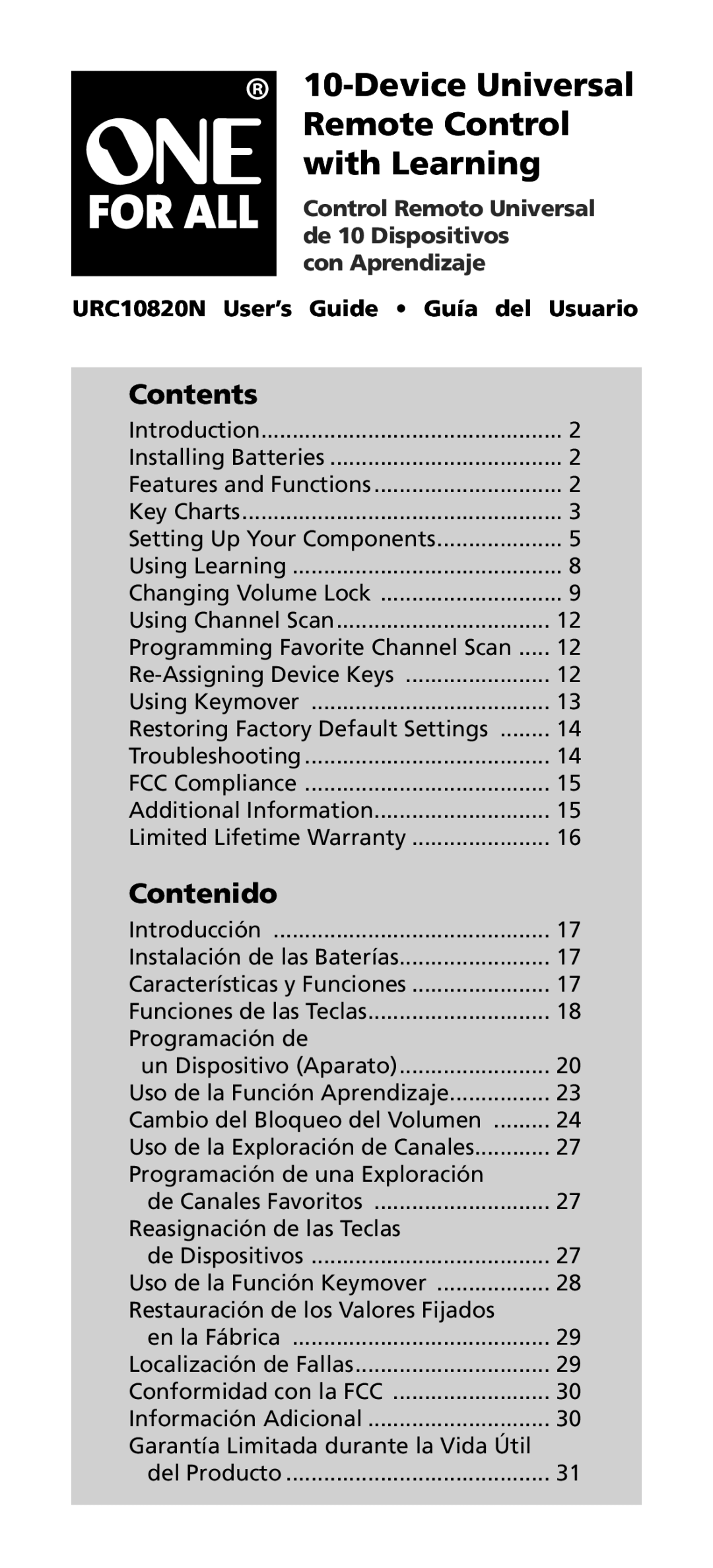 One for All URC10820N warranty Contents, Contenido 