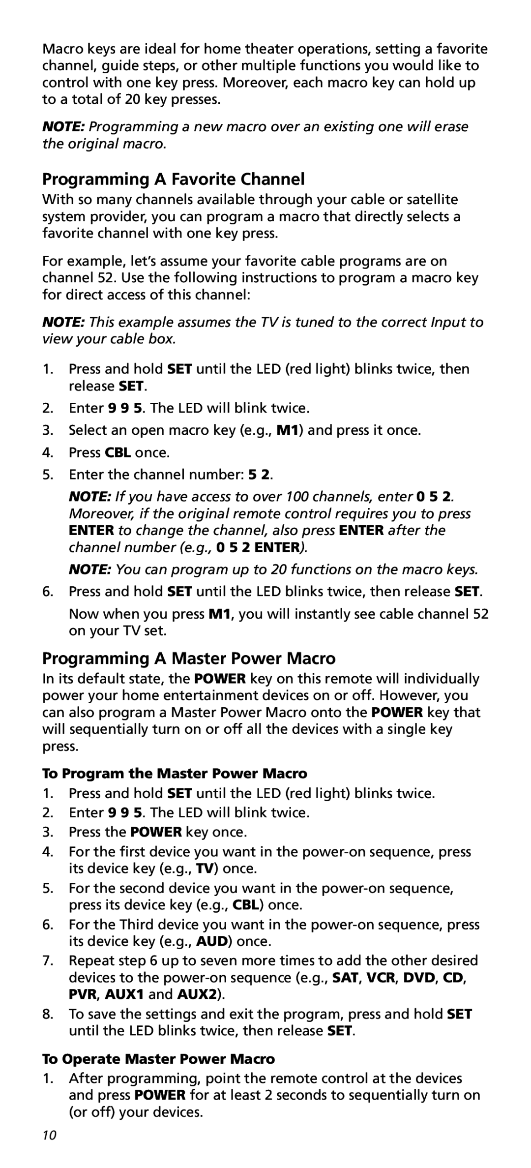 One for All URC10820N Programming a Favorite Channel, Programming a Master Power Macro, To Program the Master Power Macro 