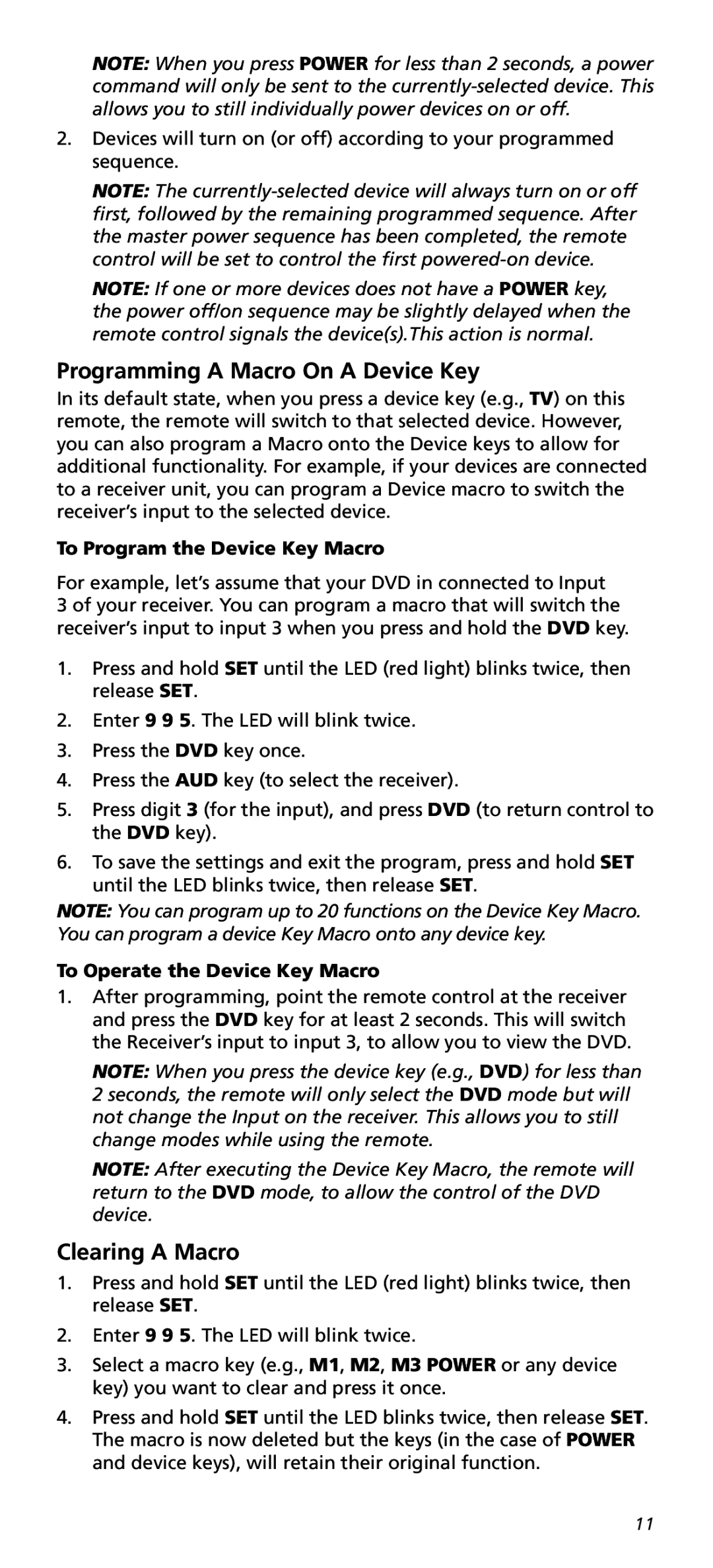 One for All URC10820N warranty Programming a Macro On a Device Key, Clearing a Macro, To Program the Device Key Macro 