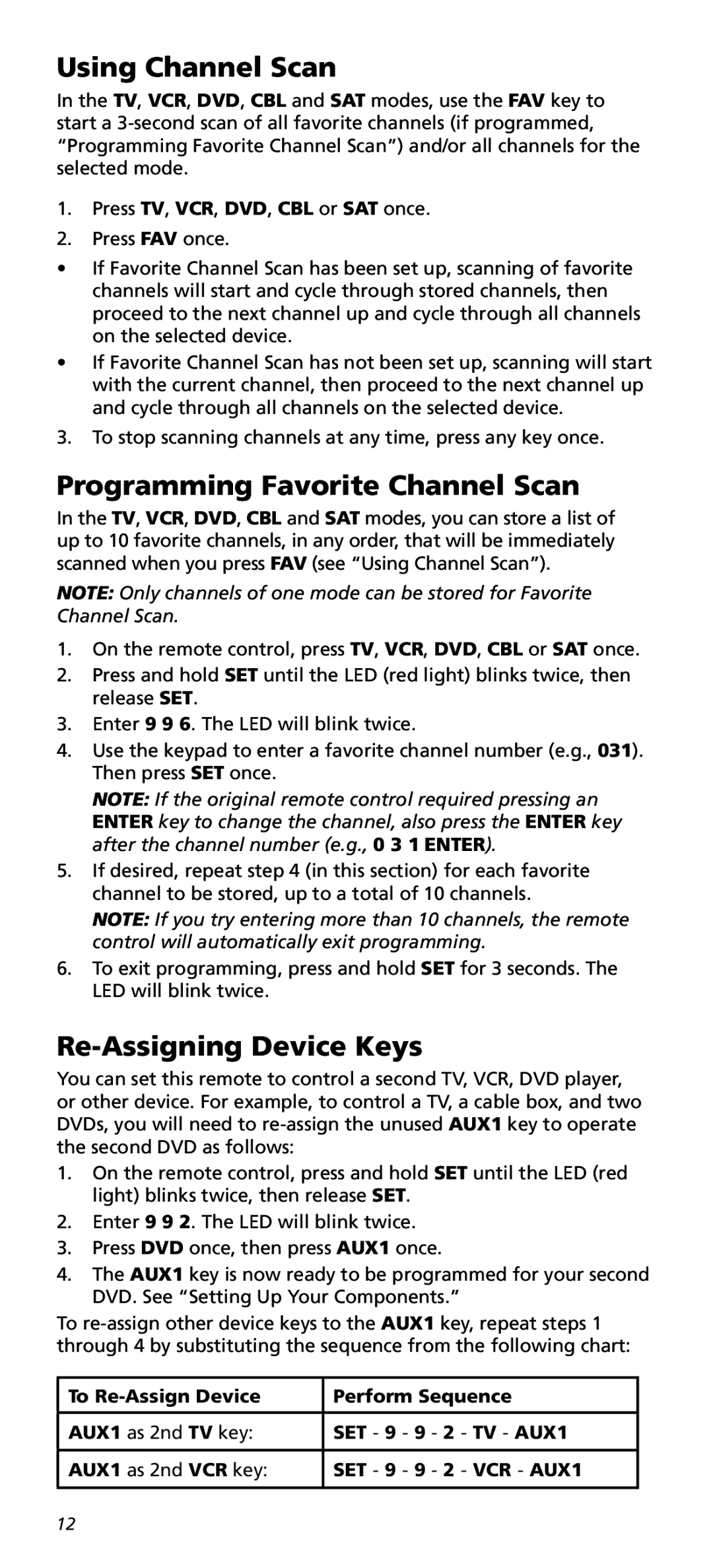 One for All URC10820N warranty Using Channel Scan, Programming Favorite Channel Scan, Re-Assigning Device Keys 