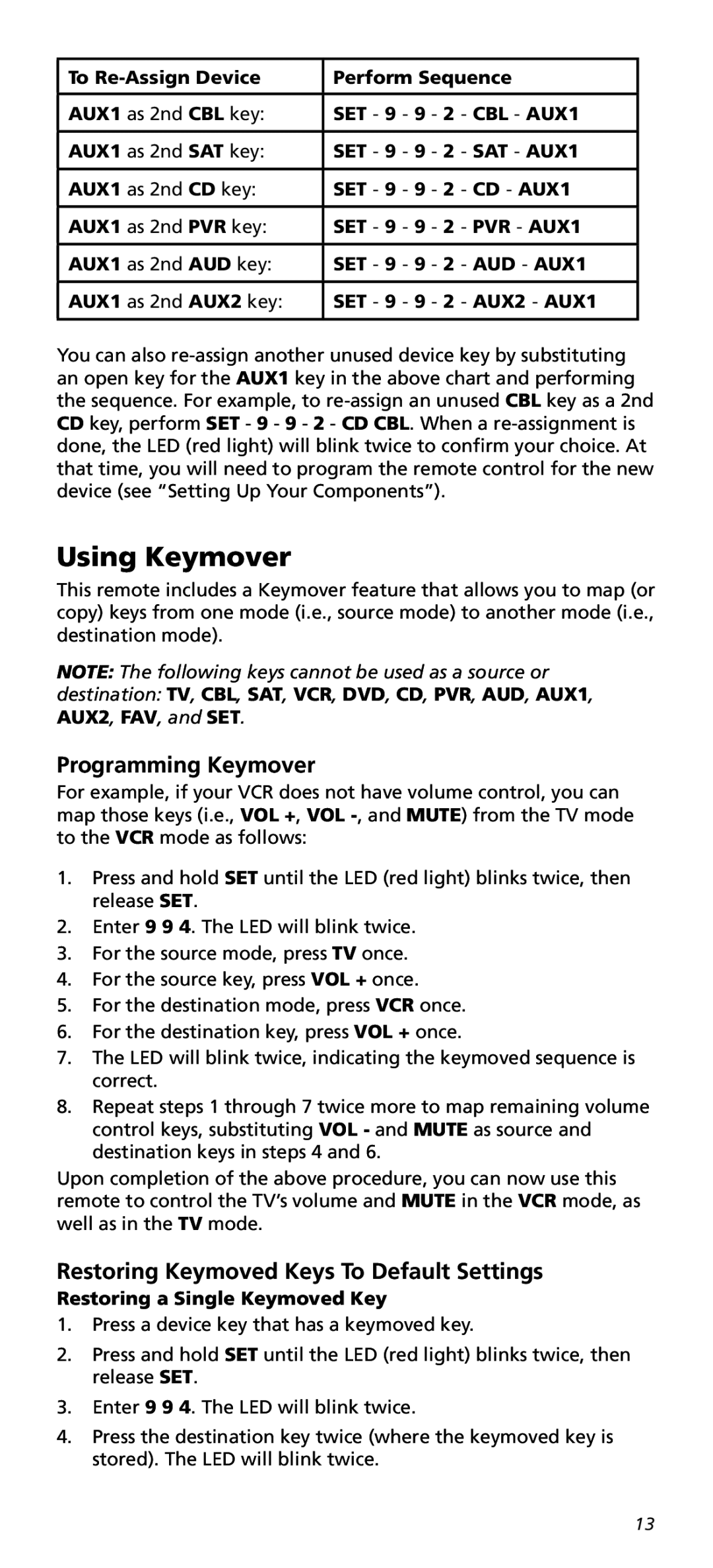 One for All URC10820N warranty Using Keymover, Programming Keymover, Restoring Keymoved Keys To Default Settings 