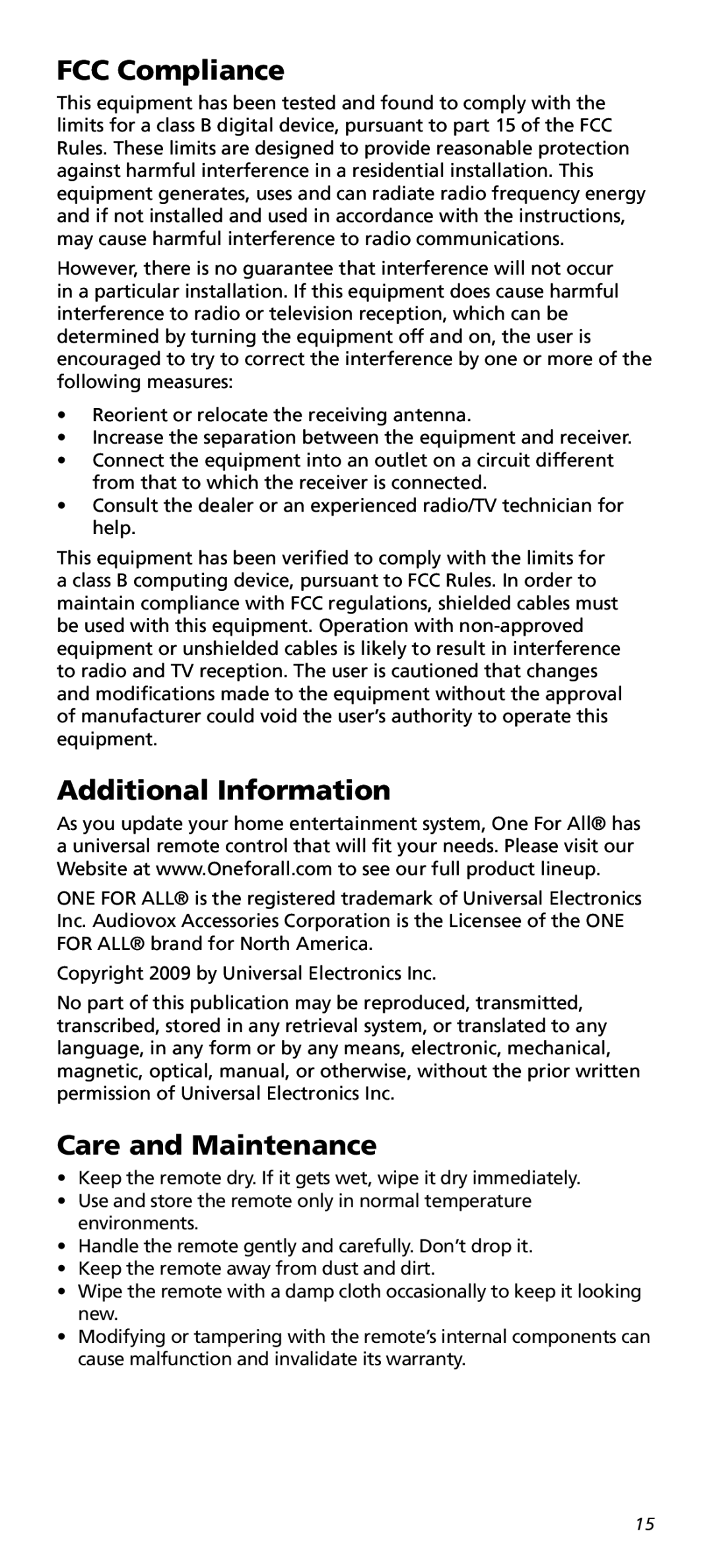 One for All URC10820N warranty FCC Compliance, Additional Information, Care and Maintenance 