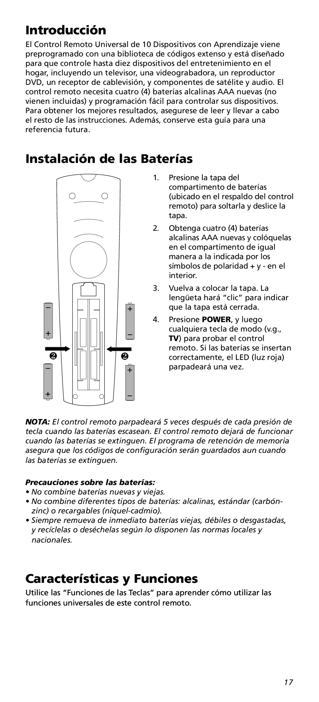 One for All URC10820N warranty Introducción, Instalación de las Baterías, Características y Funciones 