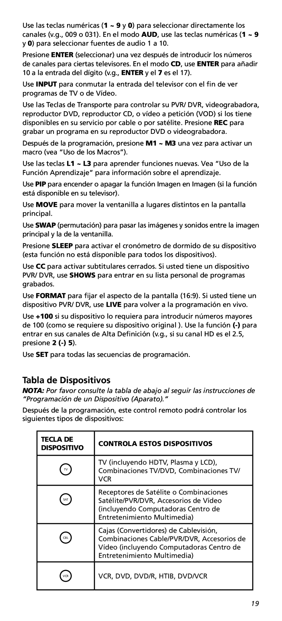 One for All URC10820N warranty Tabla de Dispositivos, Tecla DE Controla Estos Dispositivos 