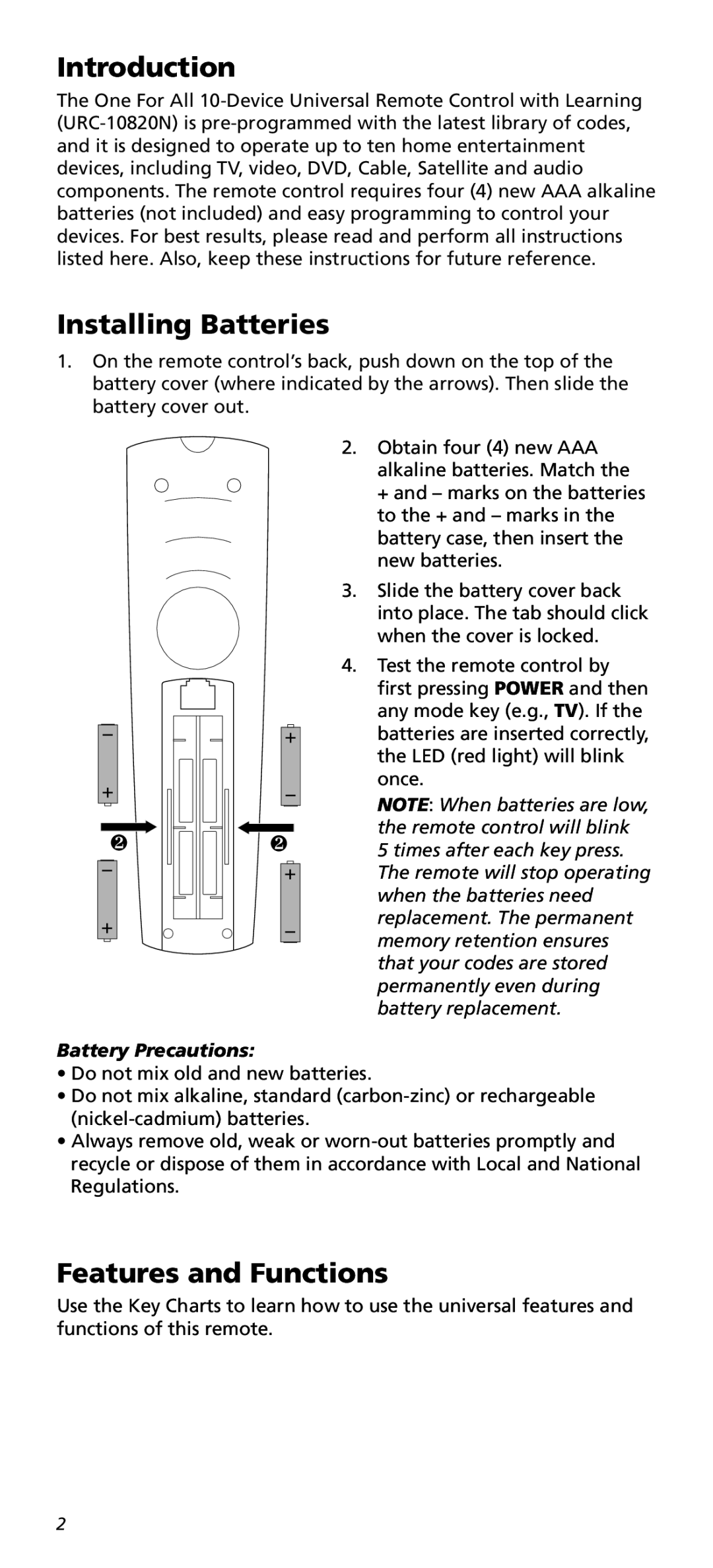 One for All URC10820N warranty Introduction, Installing Batteries, Features and Functions 