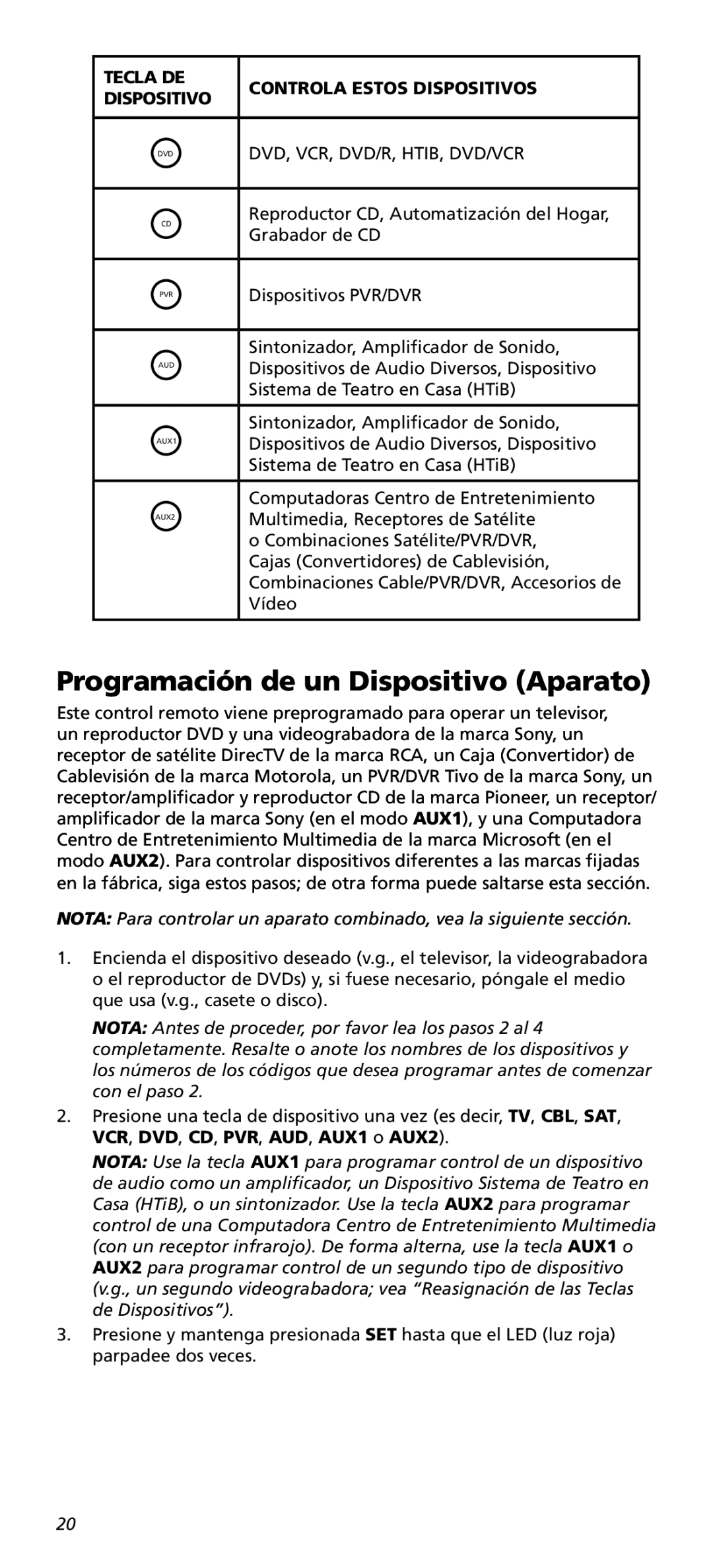 One for All URC10820N warranty Programación de un Dispositivo Aparato, Dvd, Vcr, Dvd/R, Htib, Dvd/Vcr 