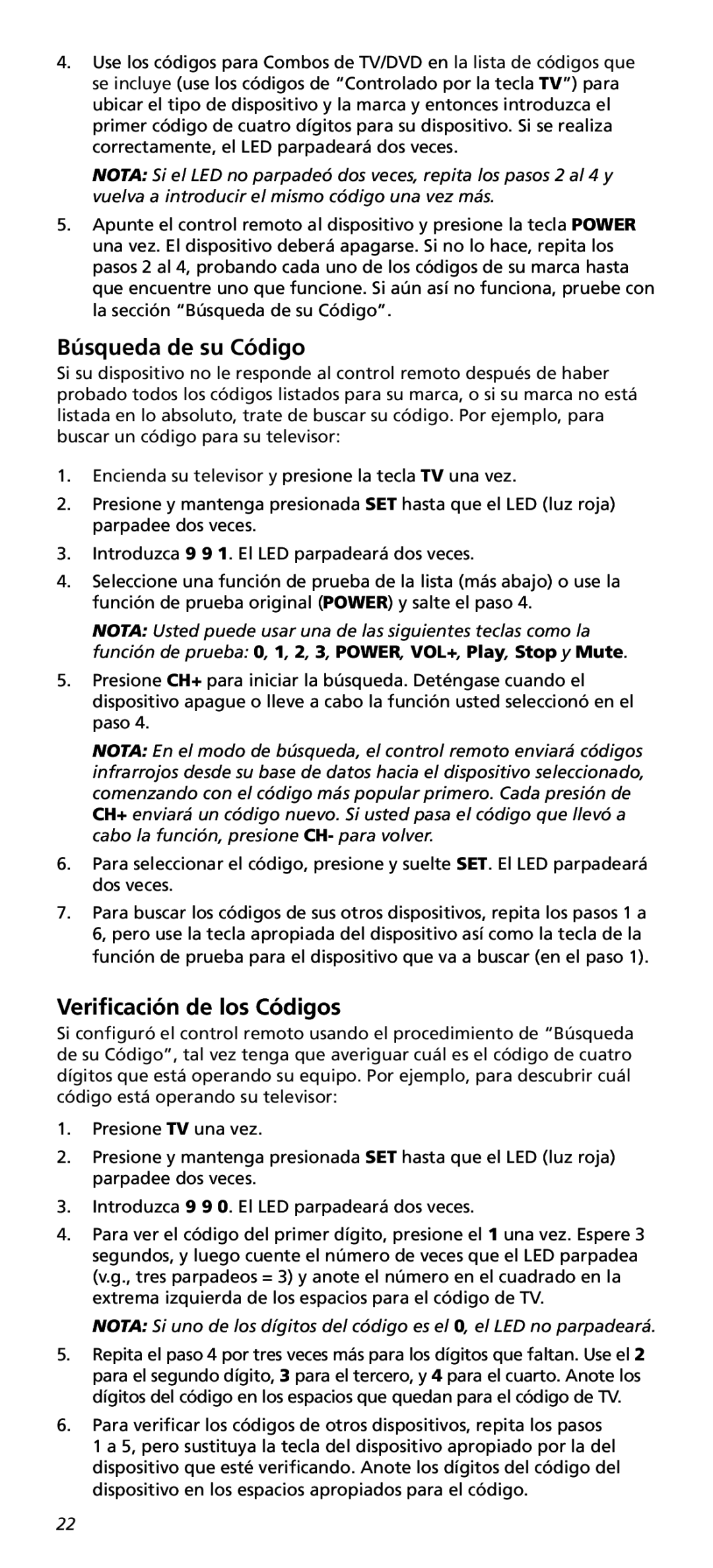 One for All URC10820N warranty Búsqueda de su Código, Verificación de los Códigos 