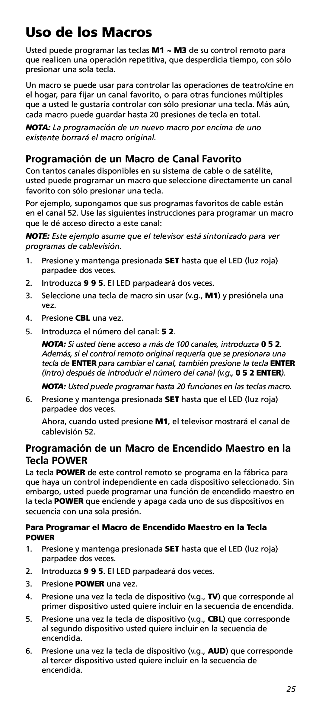 One for All URC10820N warranty Uso de los Macros, Programación de un Macro de Canal Favorito 