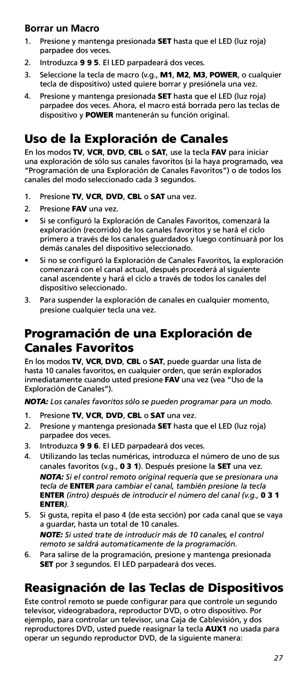 One for All URC10820N warranty Uso de la Exploración de Canales, Programación de una Exploración de Canales Favoritos 