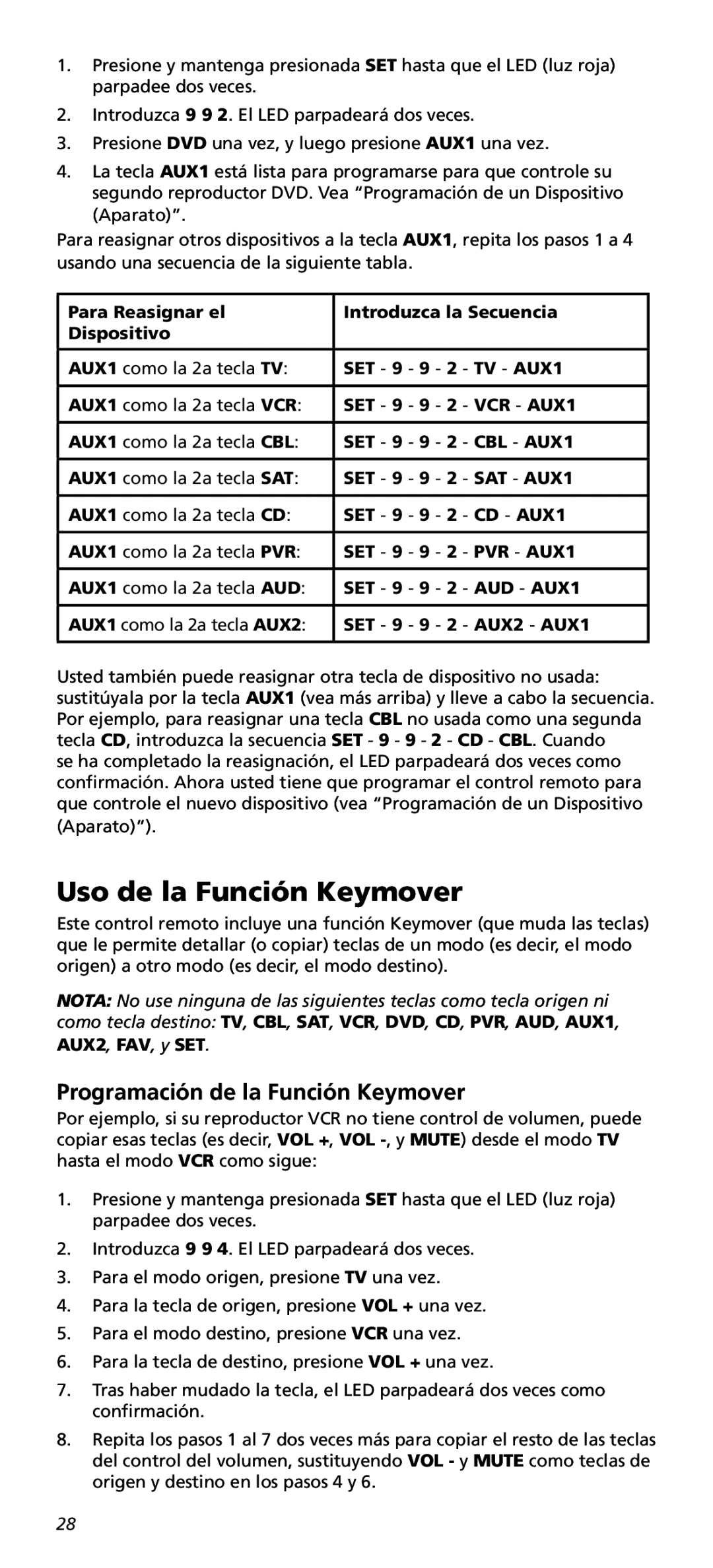 One for All URC10820N warranty Uso de la Función Keymover, Programación de la Función Keymover 