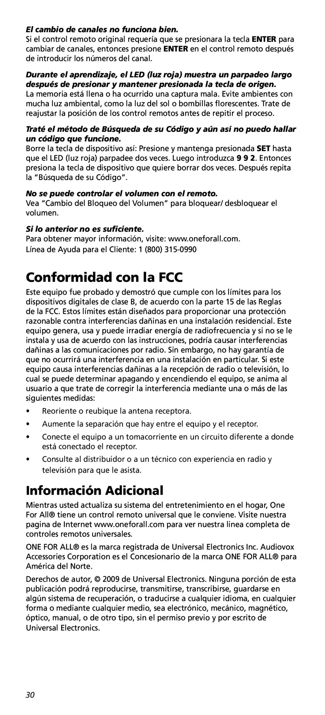 One for All URC10820N warranty Conformidad con la FCC, Información Adicional 