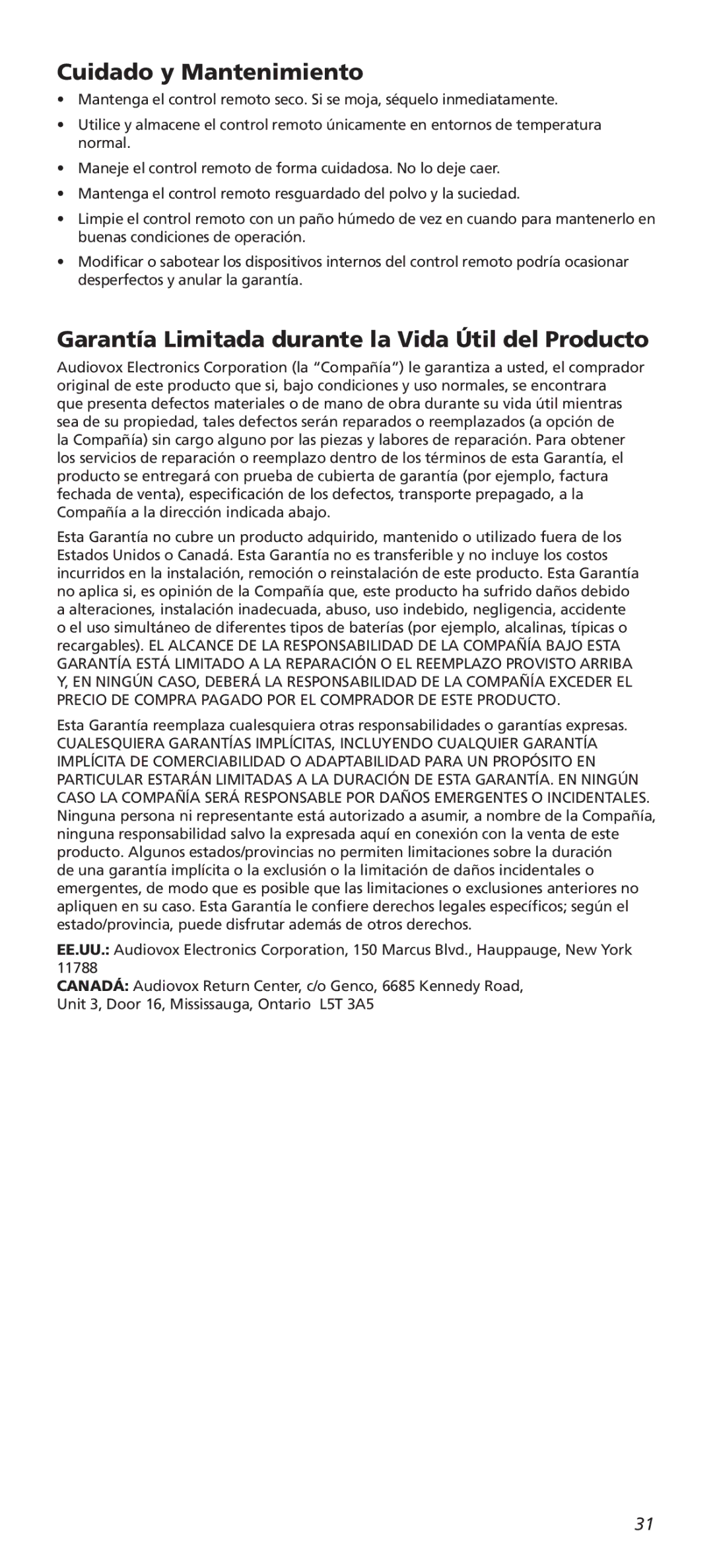 One for All URC10820N warranty Cuidado y Mantenimiento, Garantía Limitada durante la Vida Útil del Producto 